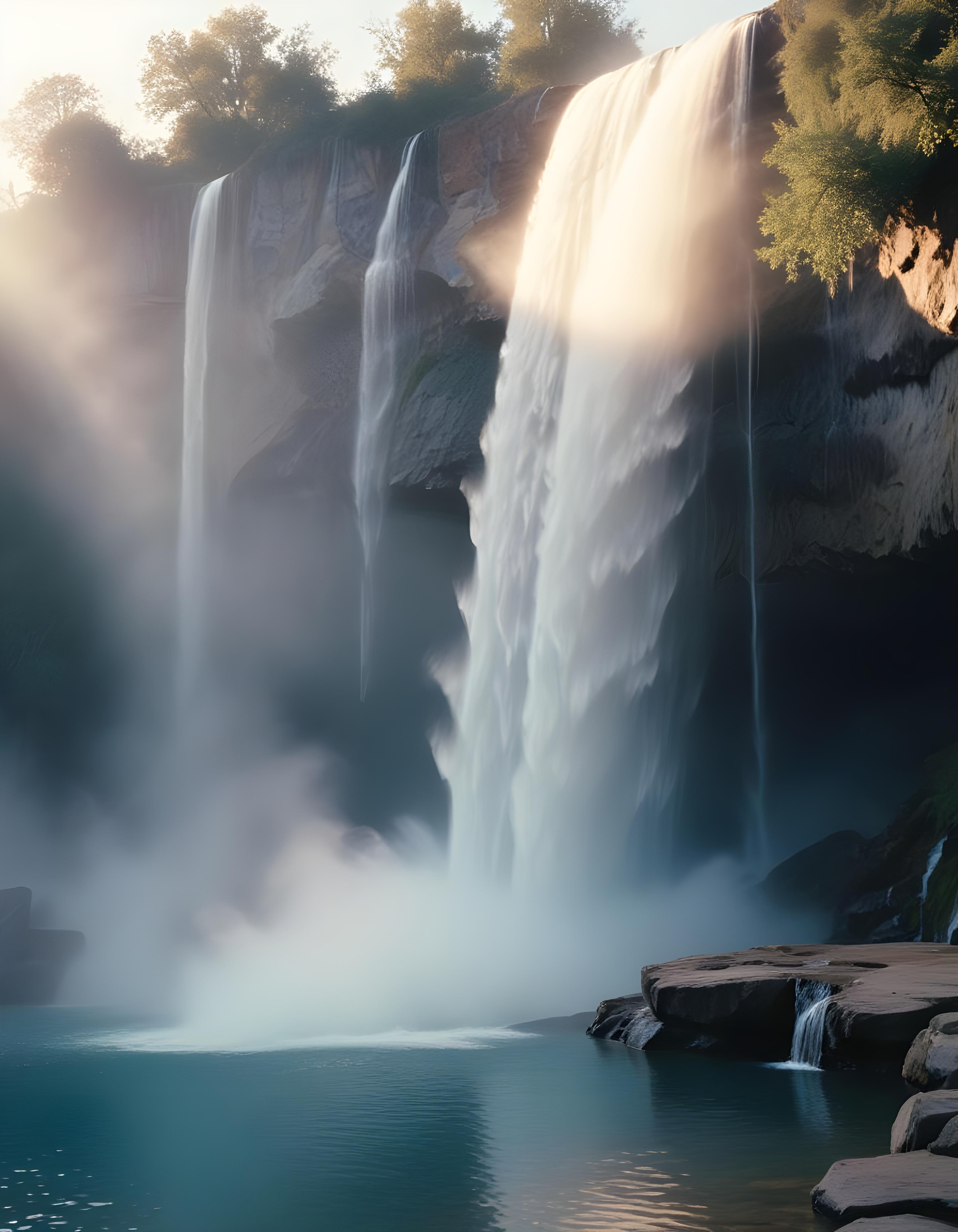 Majestic Waterfall Landscape with Lush Forest and Crystal Clear Water