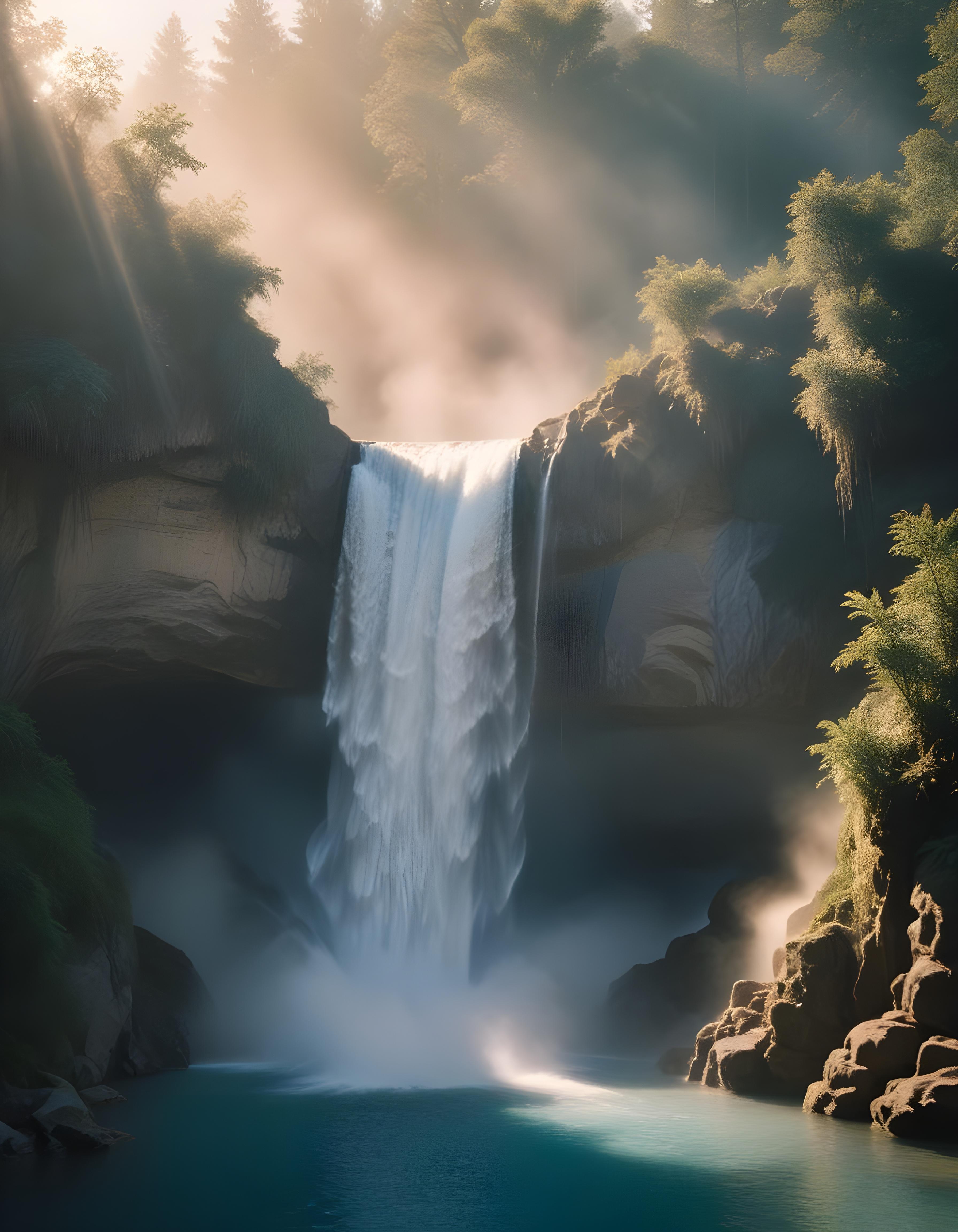 Majestic Waterfall Landscape with Lush Forest and Crystal Clear Water