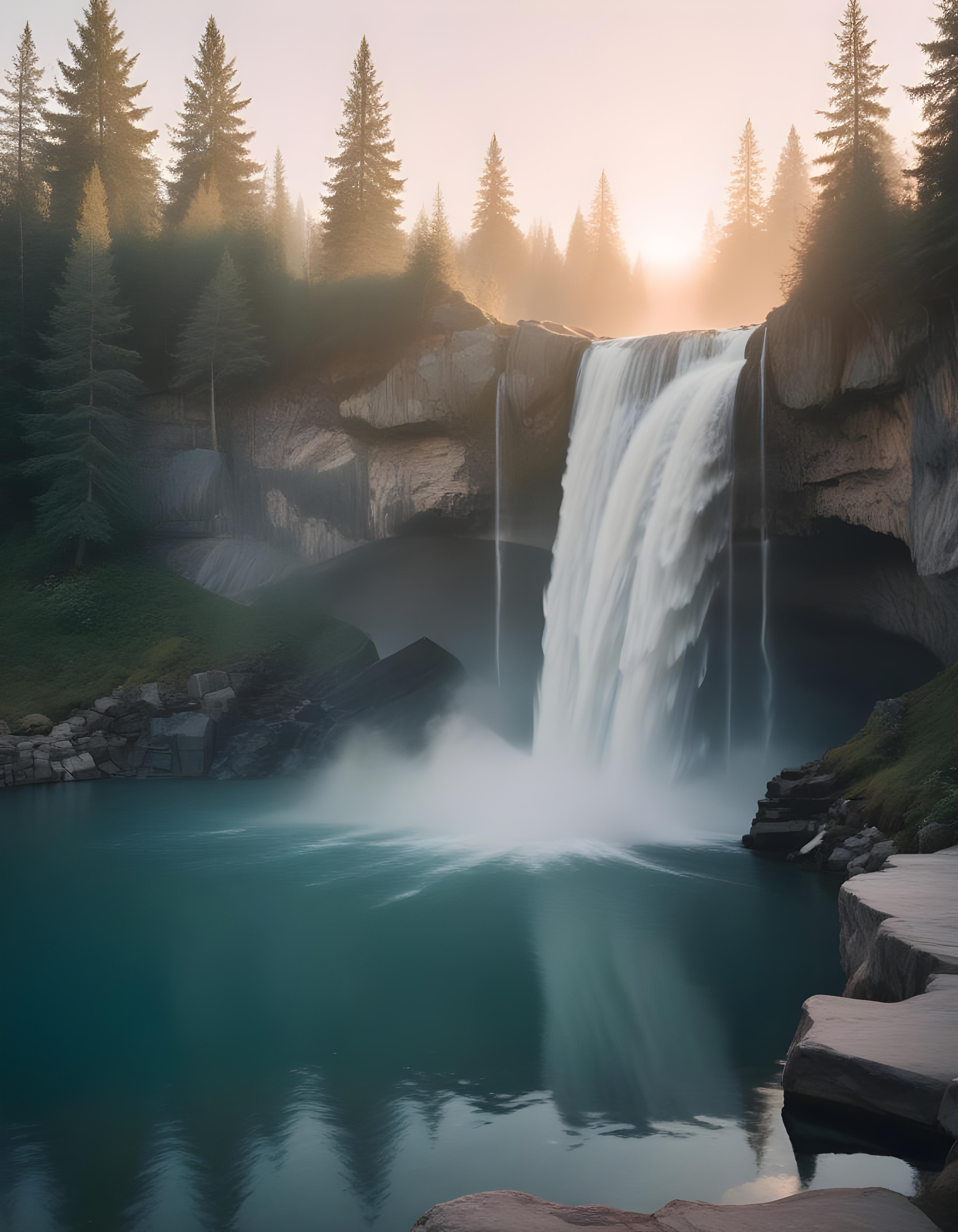 Majestic Waterfall Landscape with Lush Forest and Crystal Clear Water