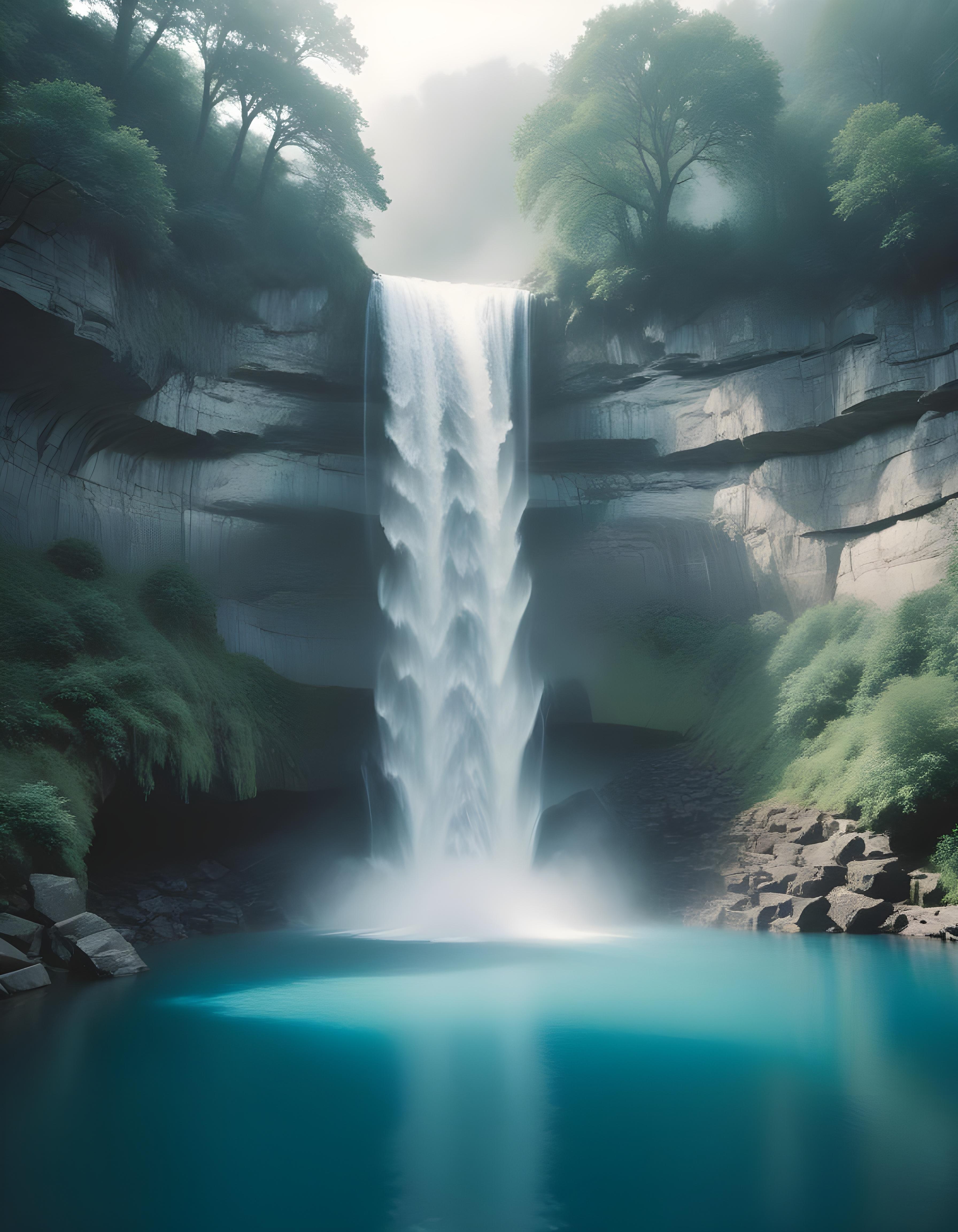 Majestic Waterfall Landscape with Lush Forest and Crystal Clear Water