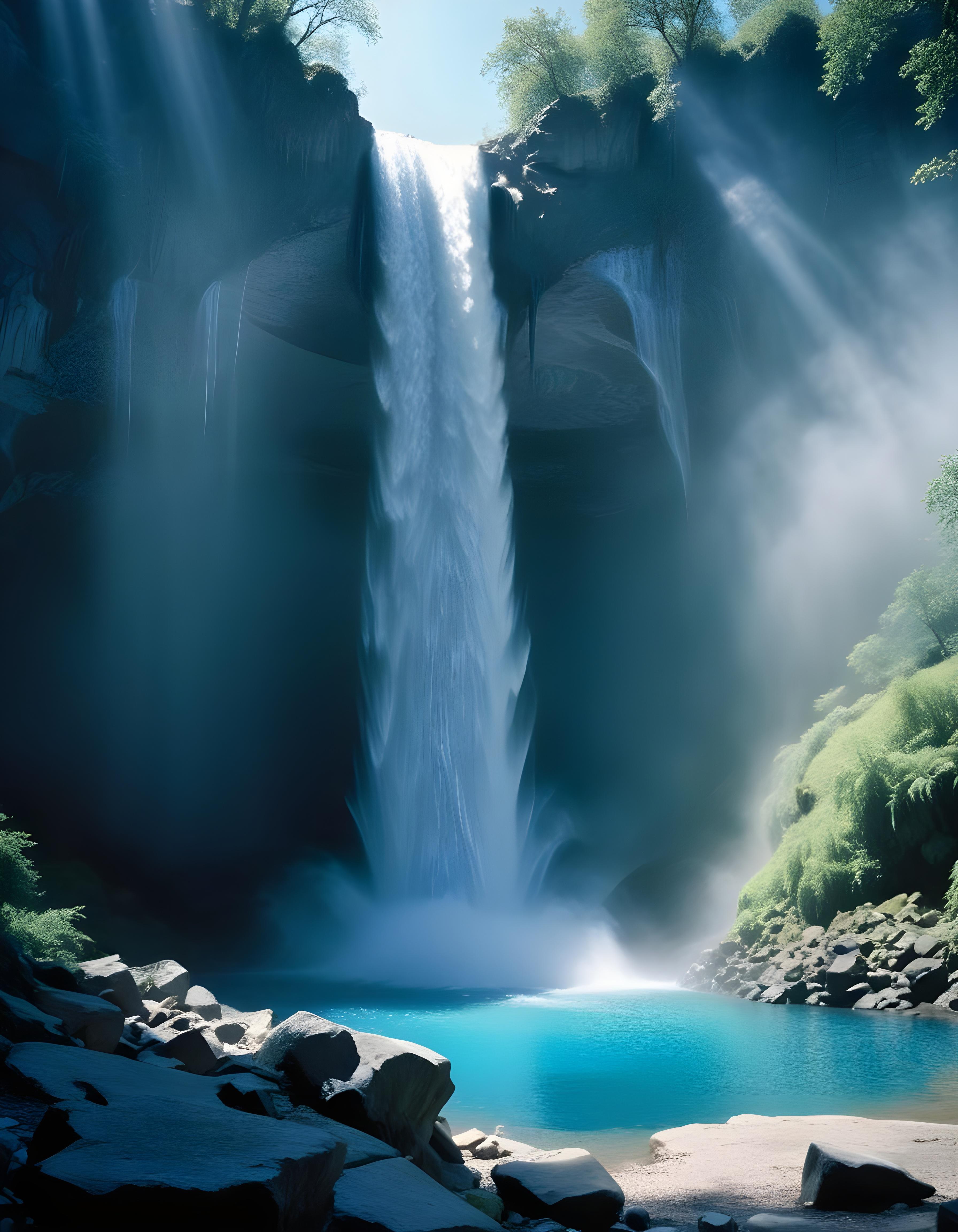 Majestic Waterfall Landscape with Lush Forest and Crystal Clear Water