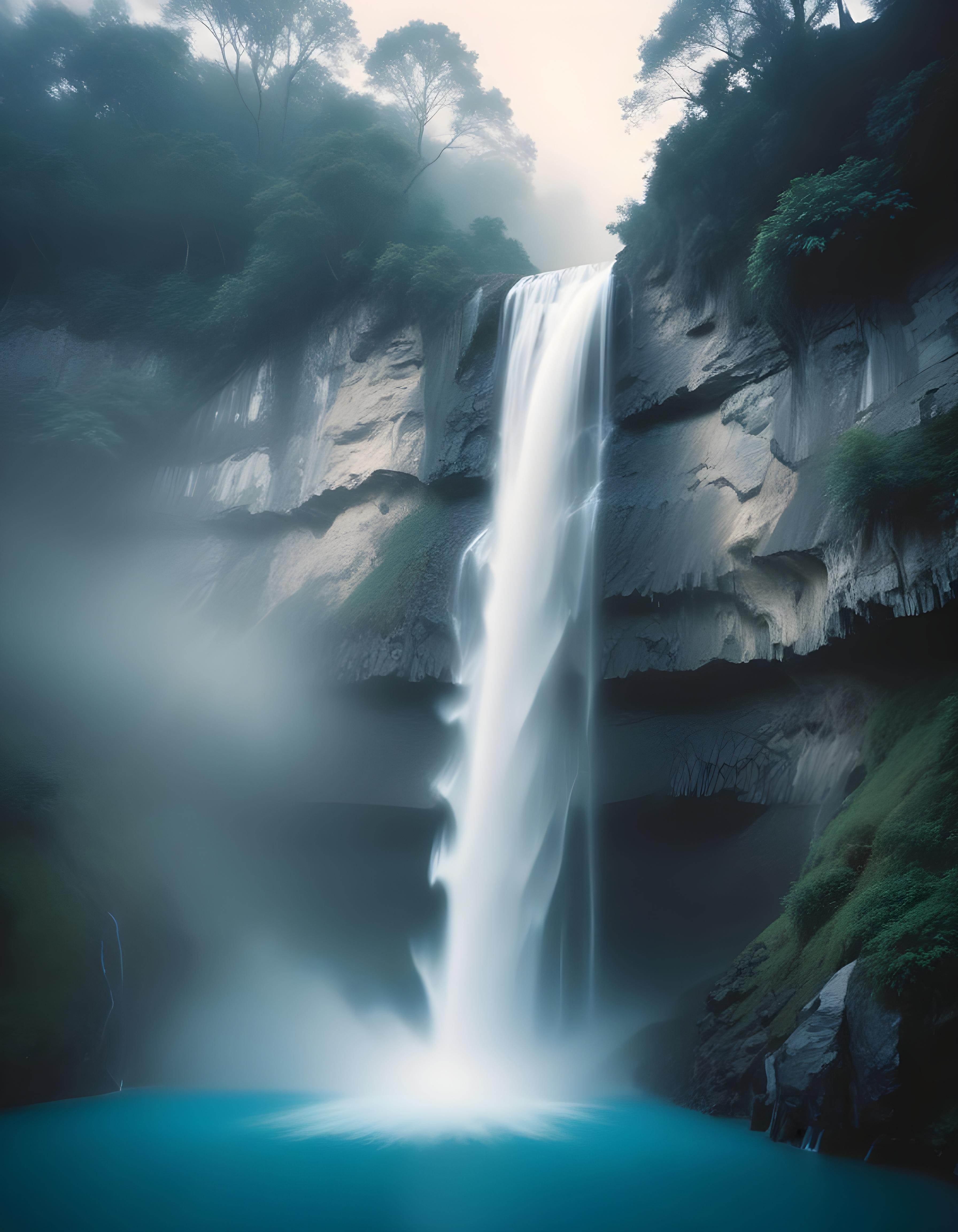 Majestic Waterfall Landscape with Lush Forest and Crystal Clear Water