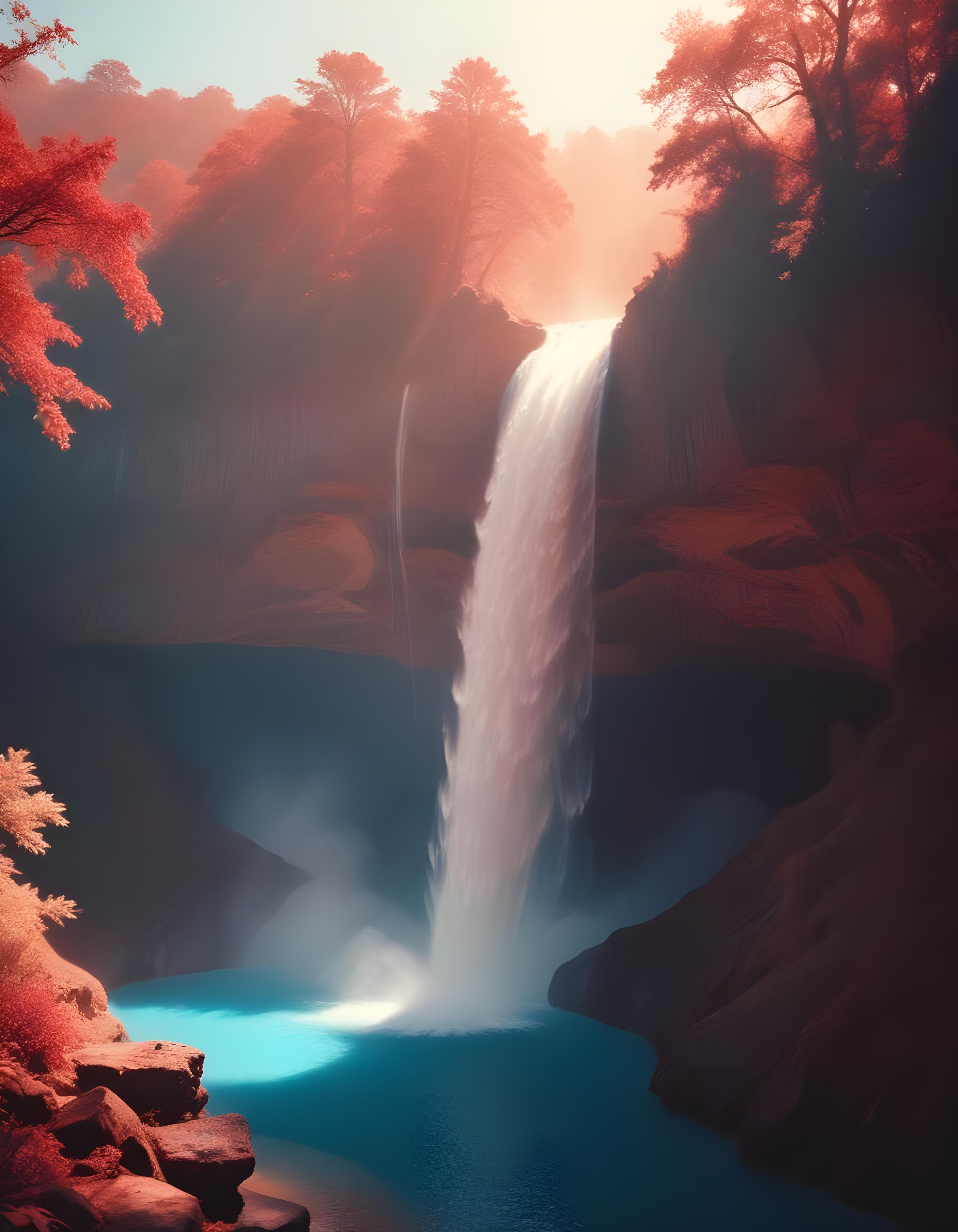 Majestic Waterfall Landscape with Lush Forest and Crystal Clear Water