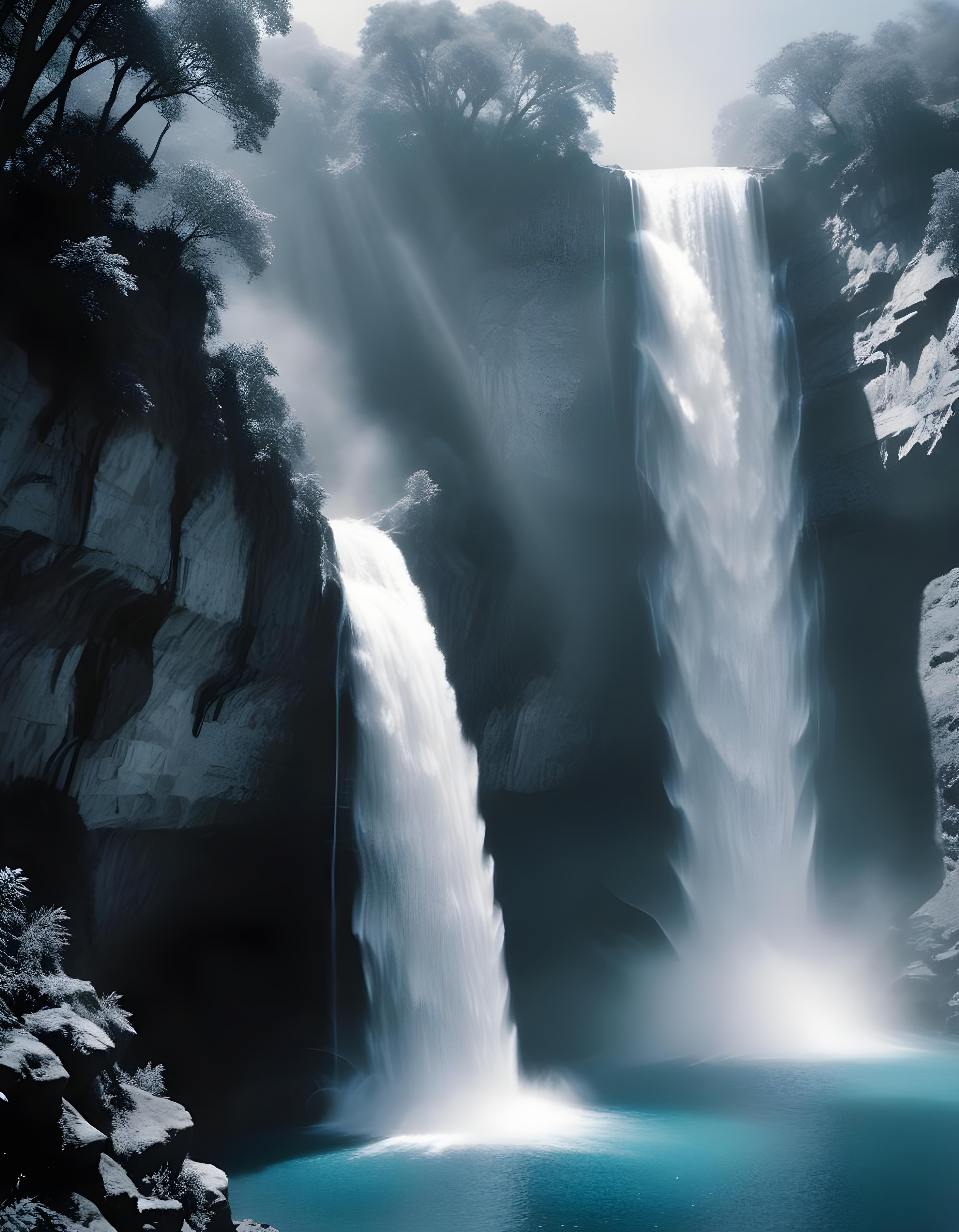 Majestic Waterfall Landscape with Lush Forest and Crystal Clear Water
