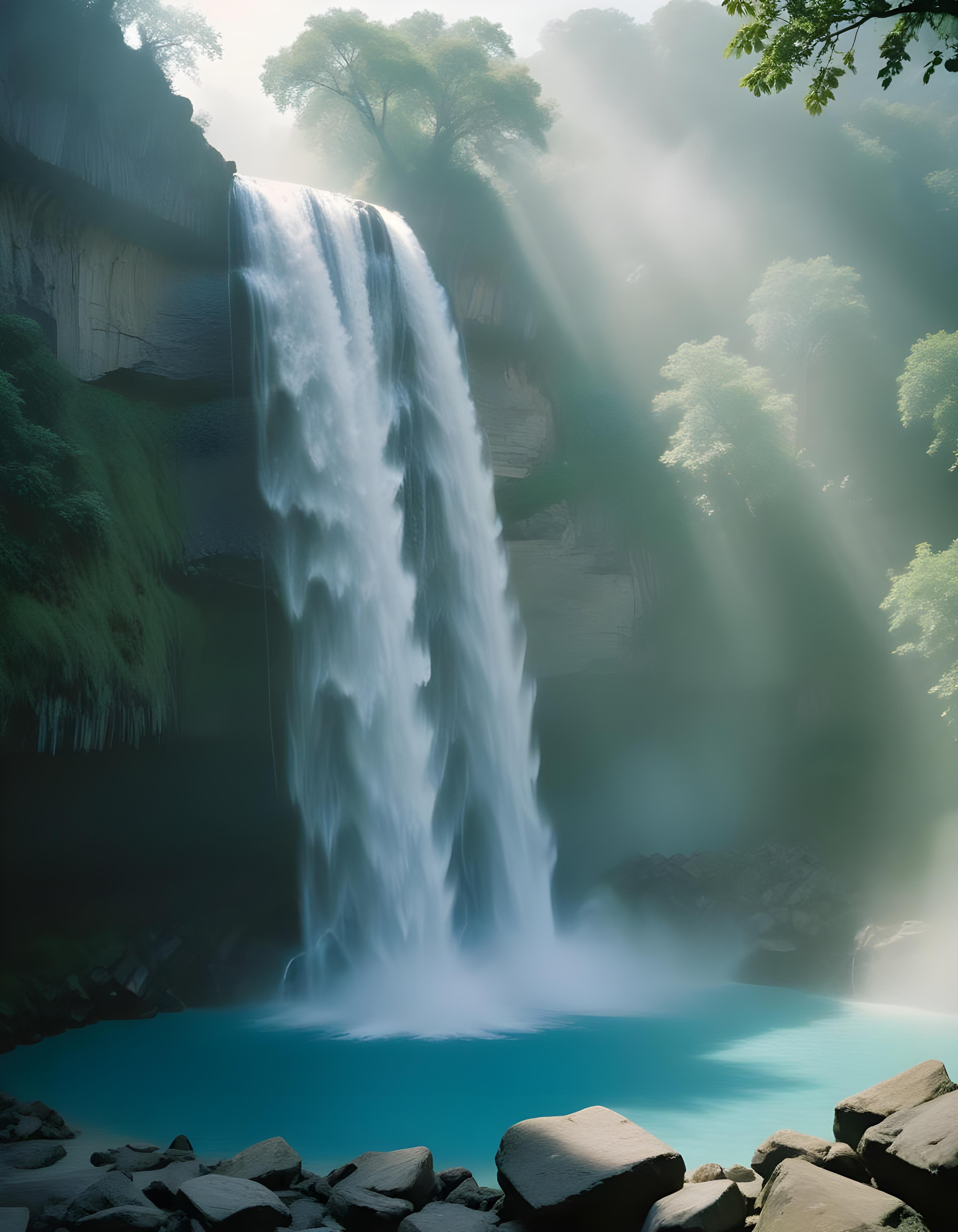 Majestic Waterfall Landscape with Lush Forest and Crystal Clear Water