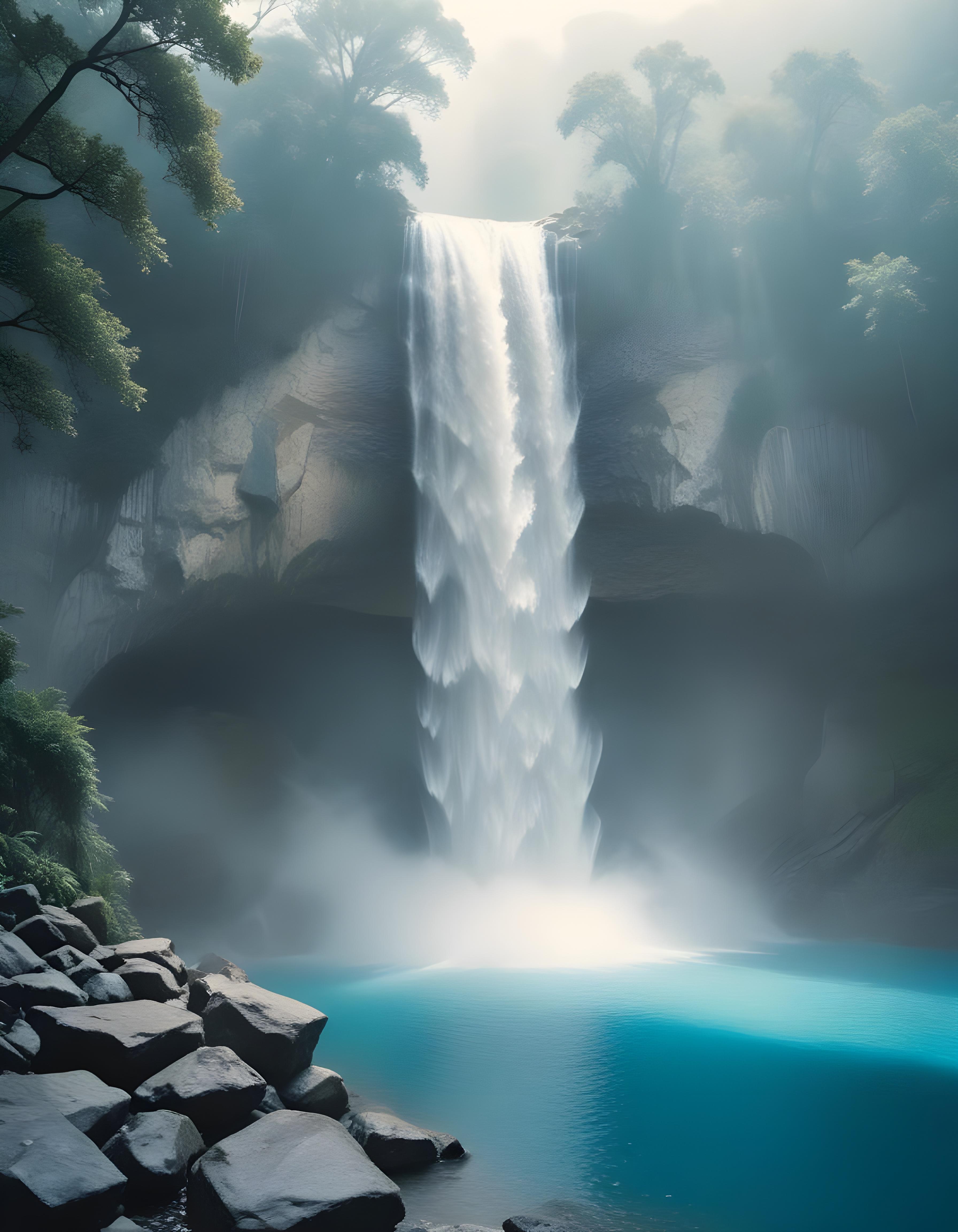 Majestic Waterfall Landscape with Lush Forest and Crystal Clear Water