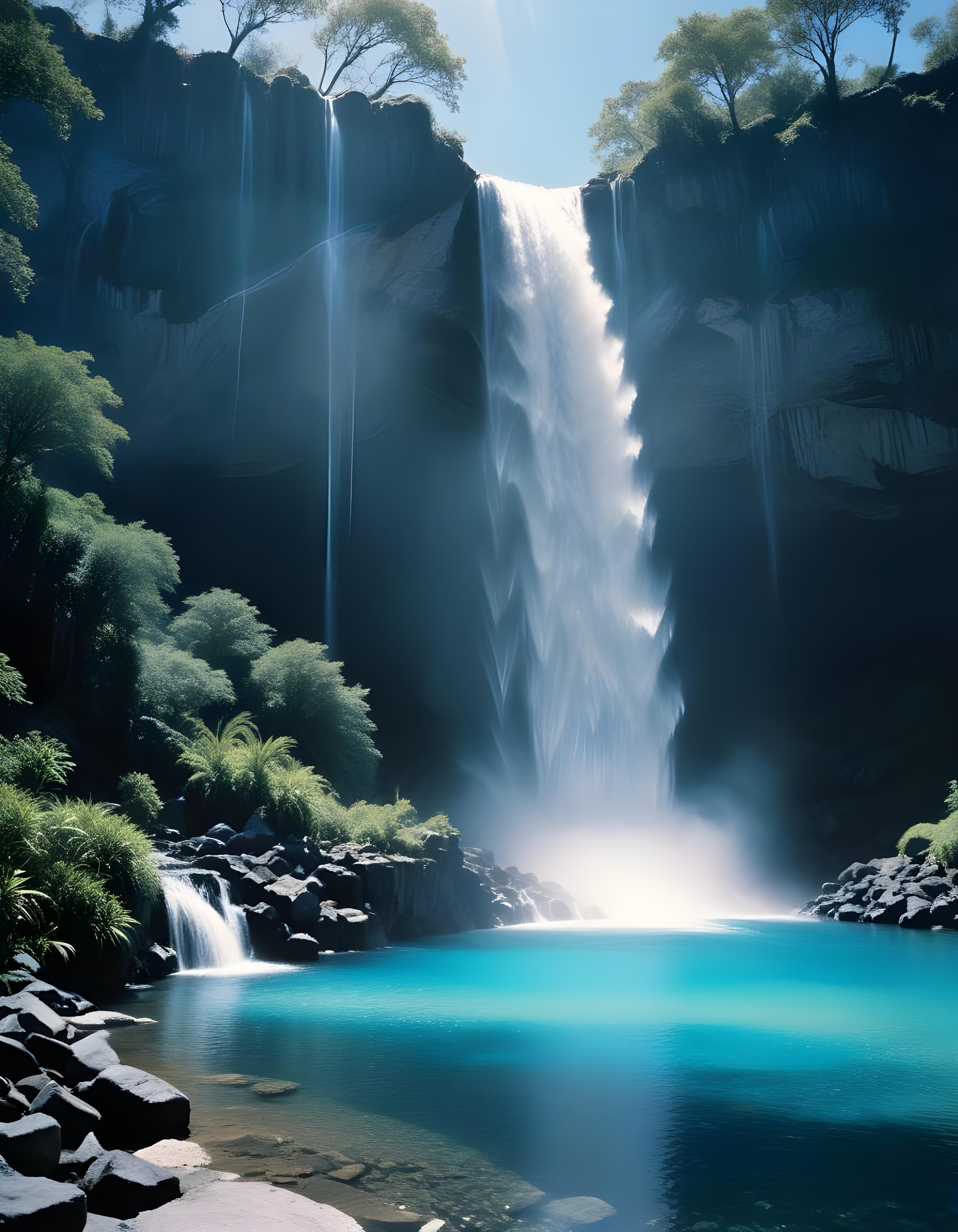 Majestic Waterfall Landscape with Lush Forest and Crystal Clear Water