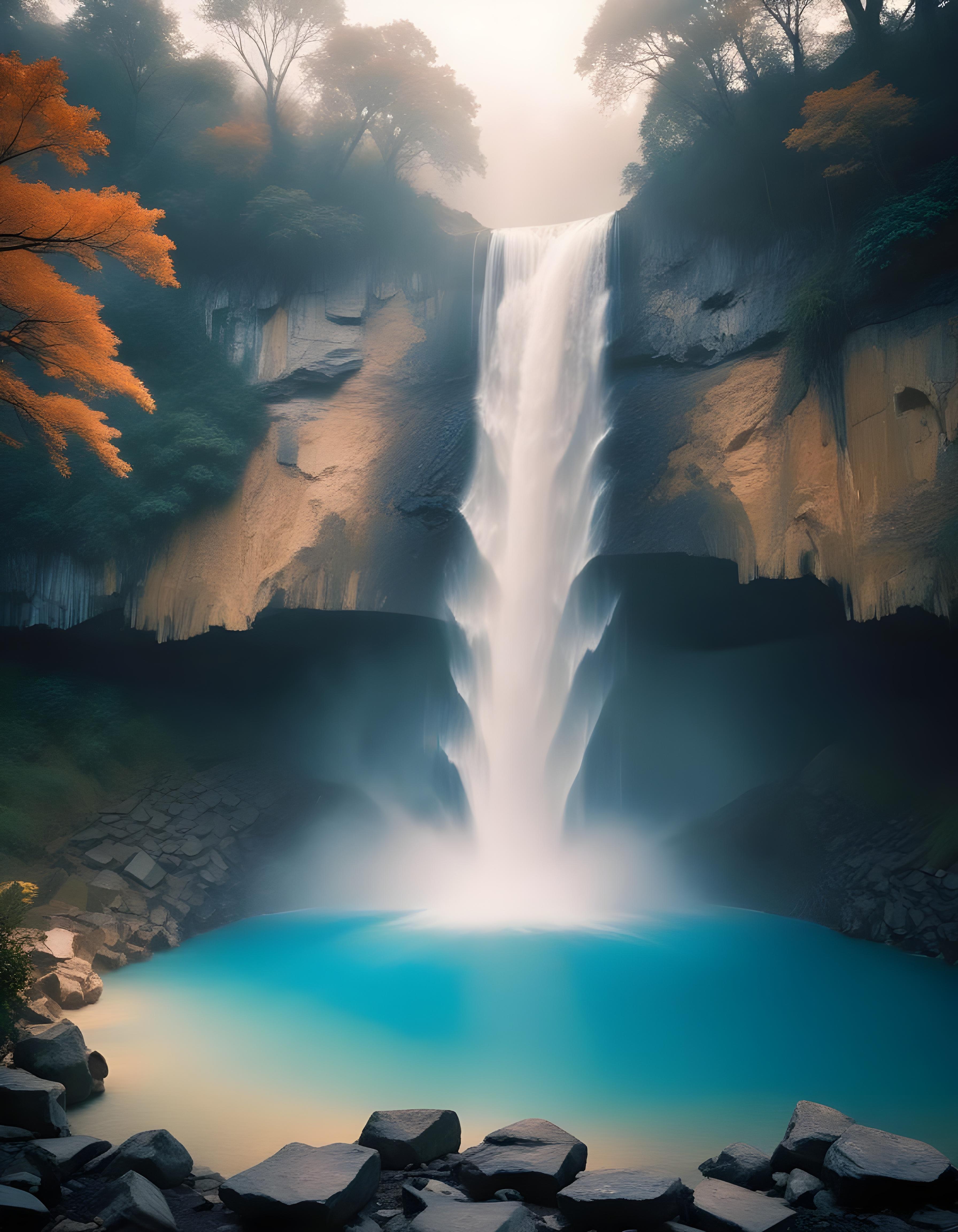 Majestic Waterfall Landscape with Lush Forest and Crystal Clear Water