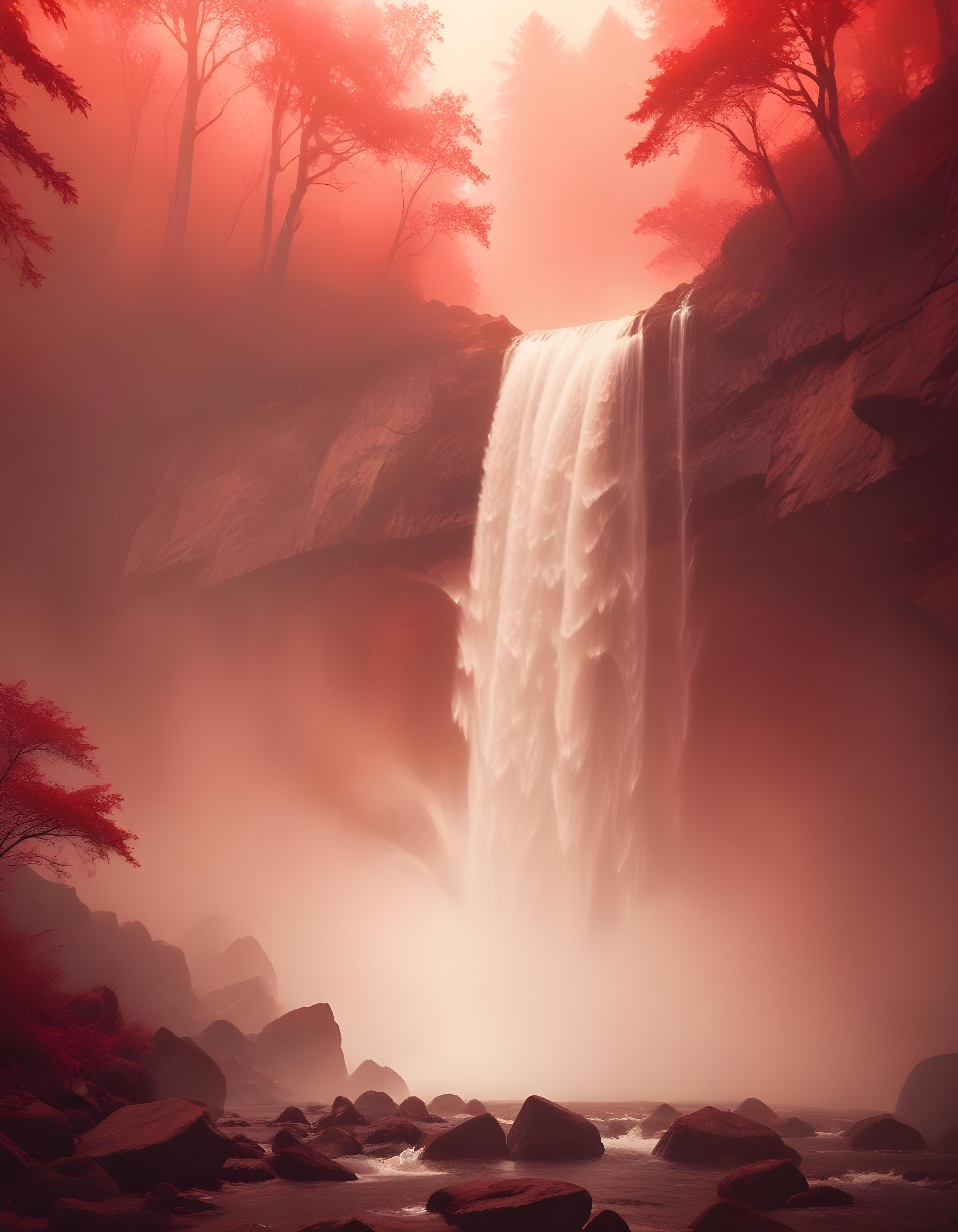 Majestic Waterfall Landscape with Lush Forest and Crystal Clear Water