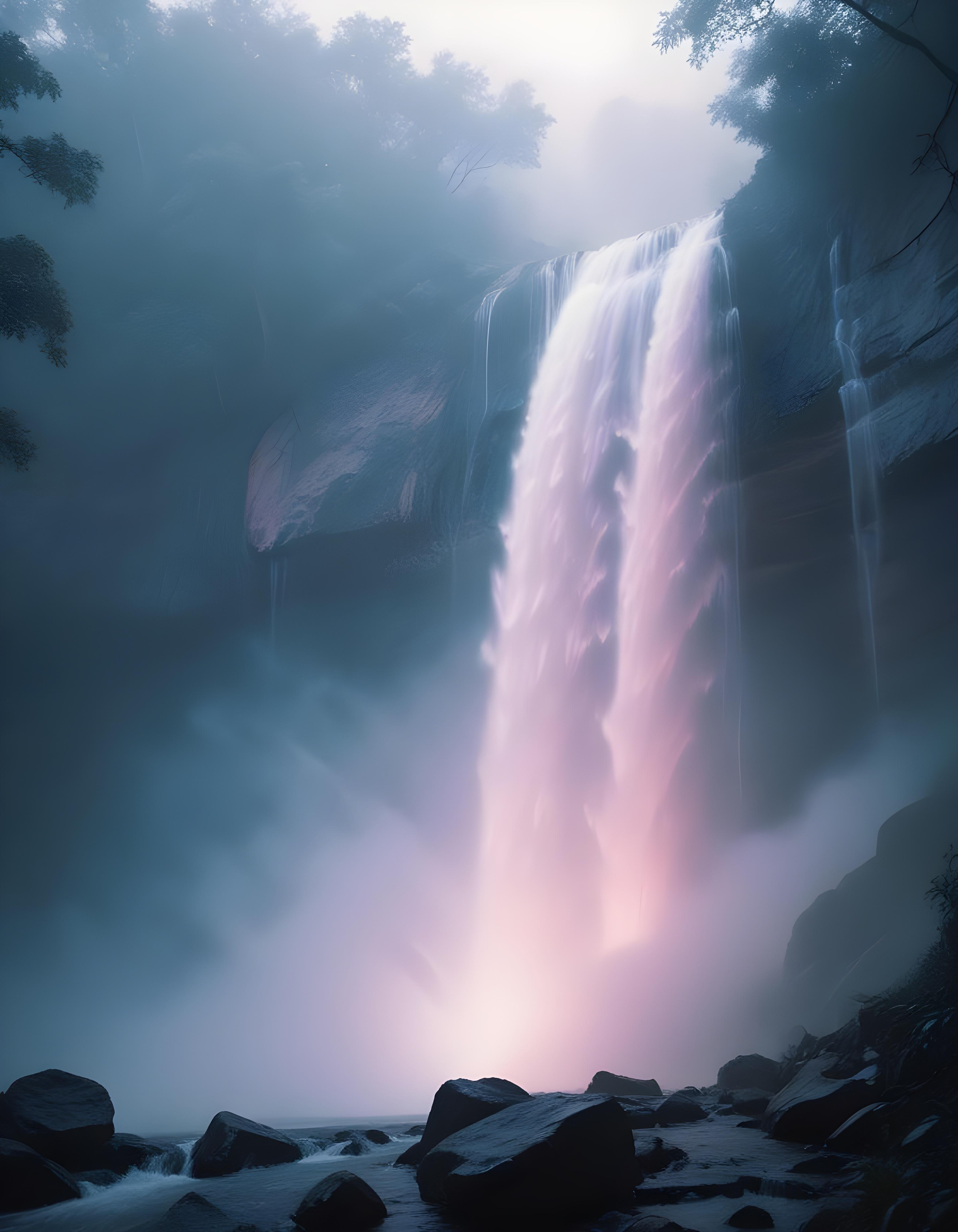 Majestic Waterfall Landscape with Lush Forest and Crystal Clear Water