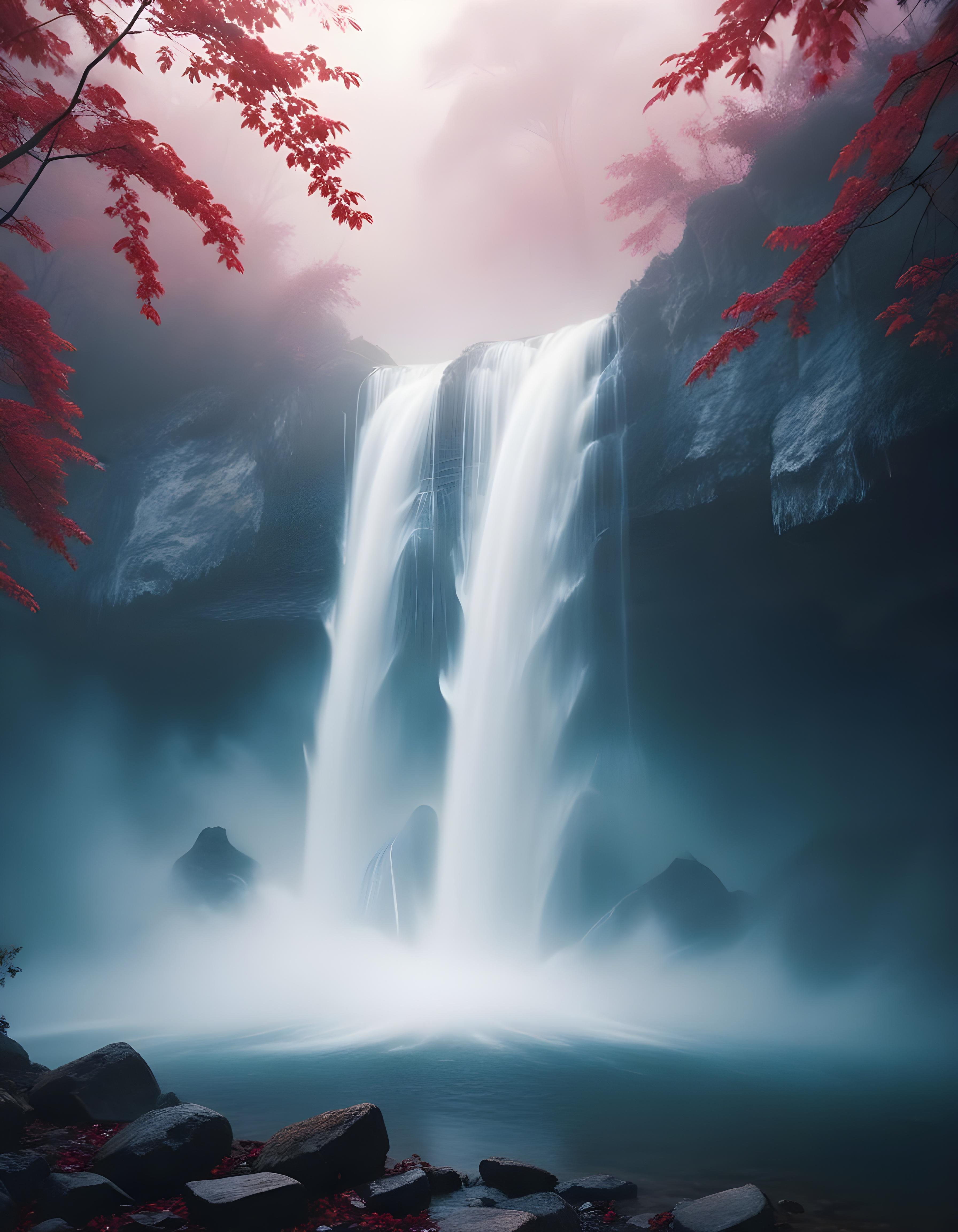 Majestic Waterfall Landscape with Lush Forest and Crystal Clear Water