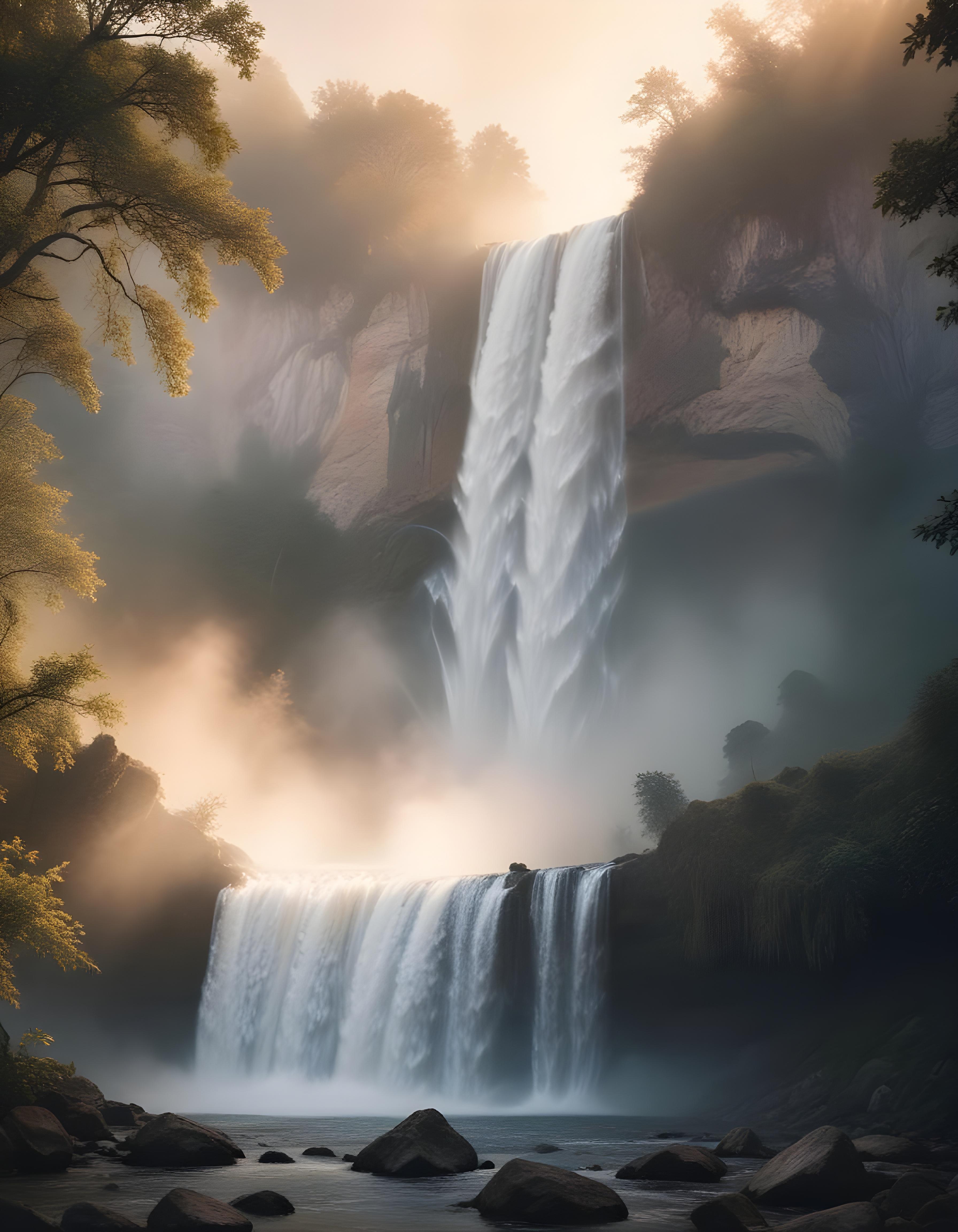 Majestic Waterfall Landscape with Lush Forest and Crystal Clear Water