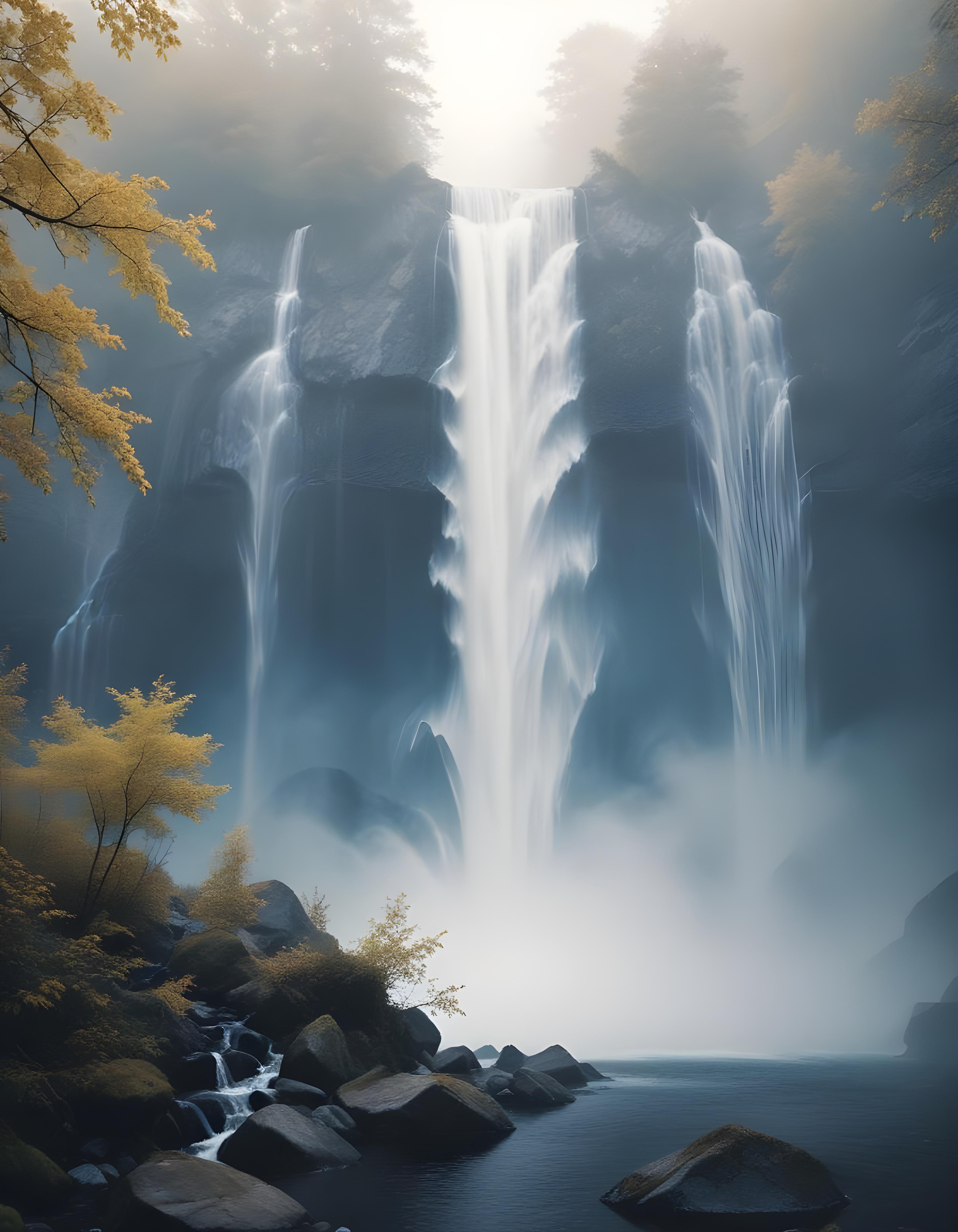 Majestic Waterfall Landscape with Lush Forest and Crystal Clear Water
