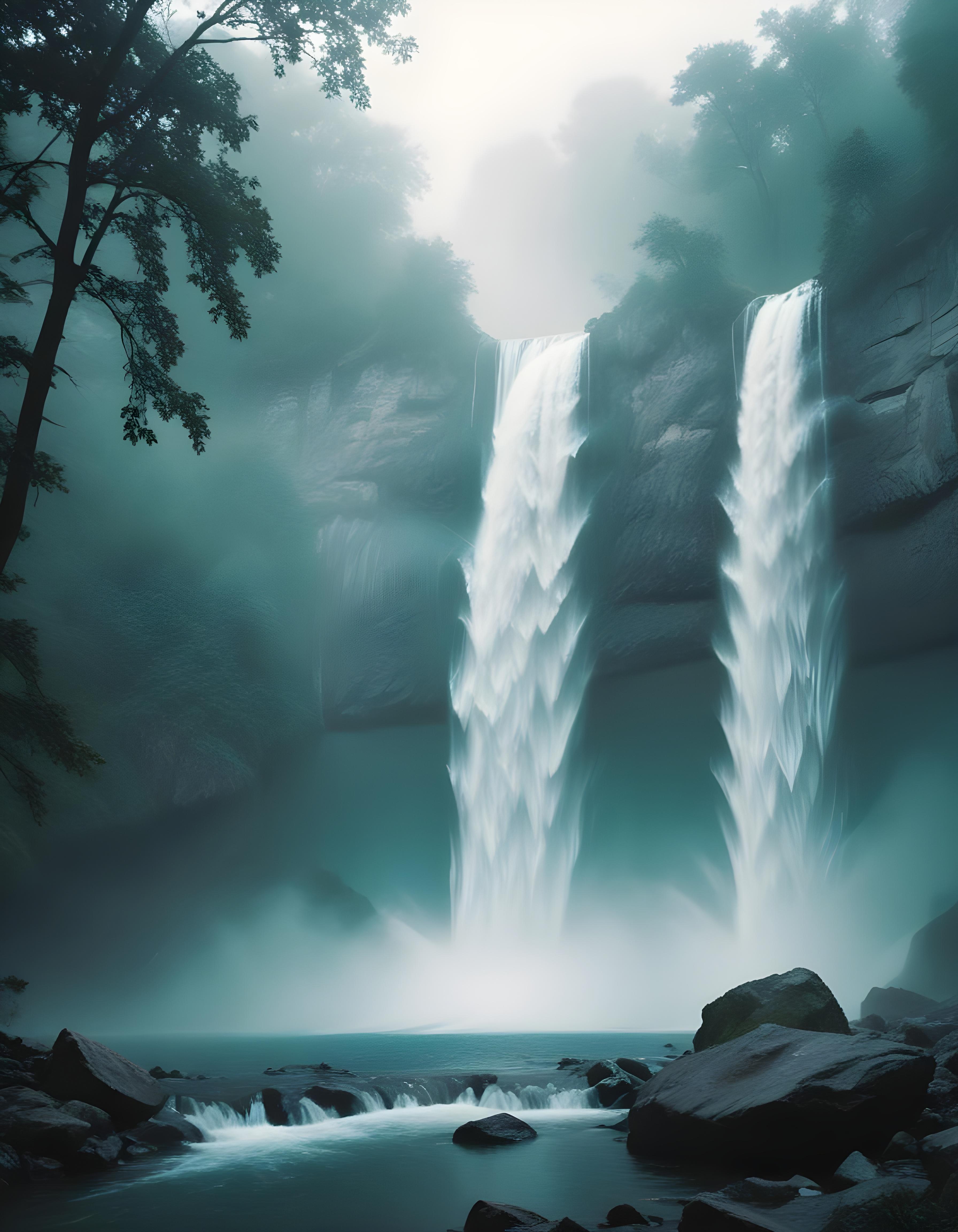 Majestic Waterfall Landscape with Lush Forest and Crystal Clear Water