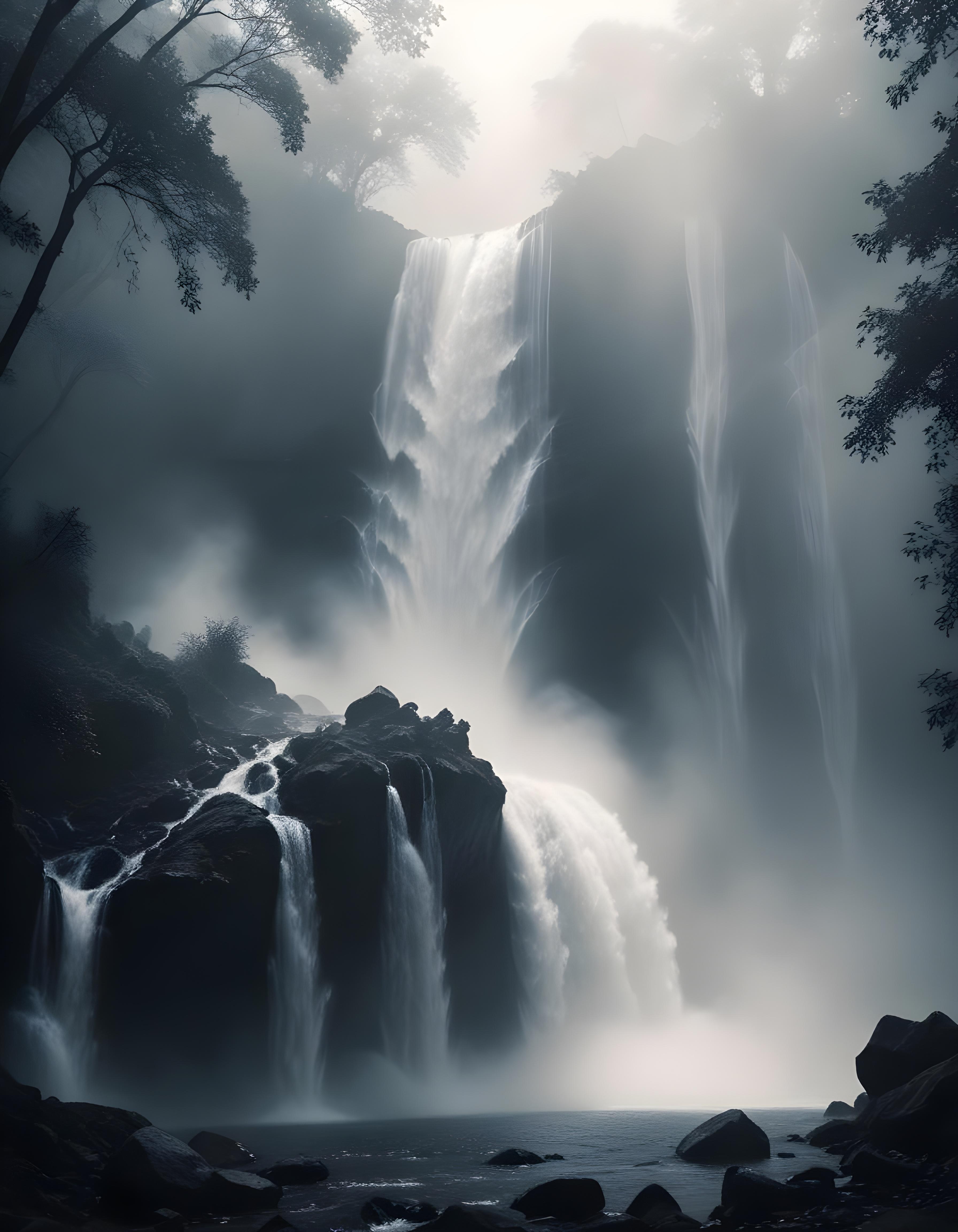 Majestic Waterfall Landscape with Lush Forest and Crystal Clear Water