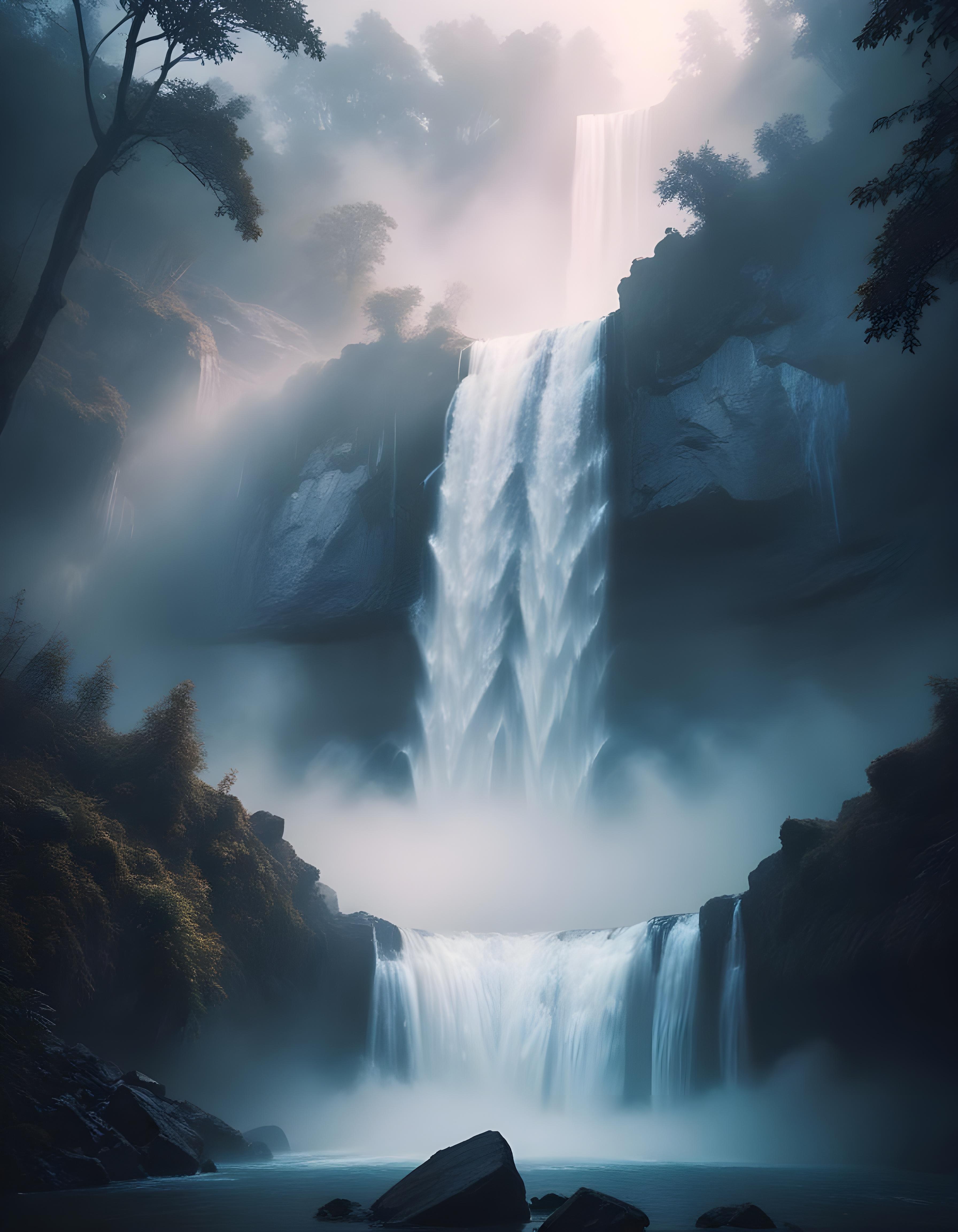 Majestic Waterfall Landscape with Lush Forest and Crystal Clear Water