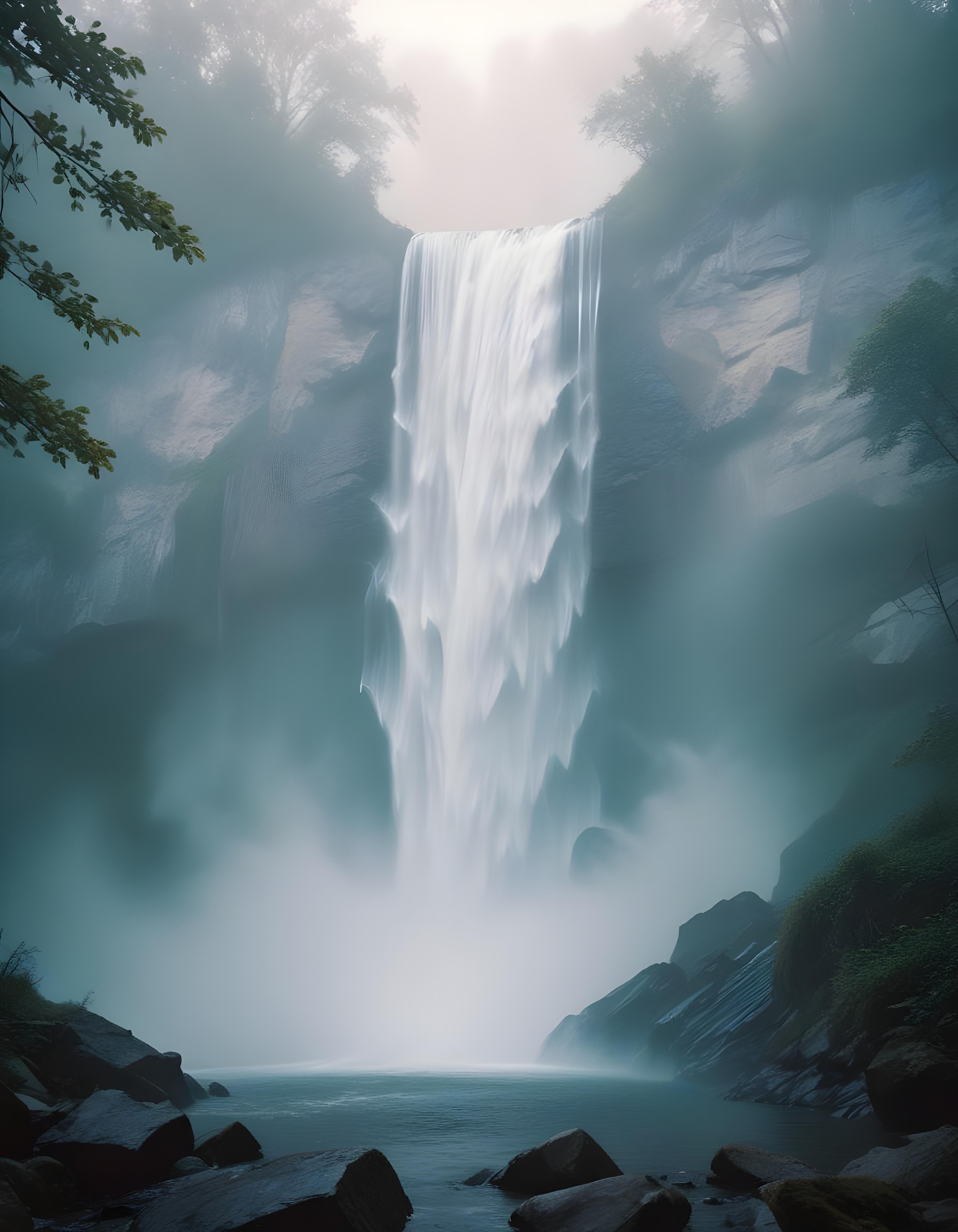 Majestic Waterfall Landscape with Lush Forest and Crystal Clear Water