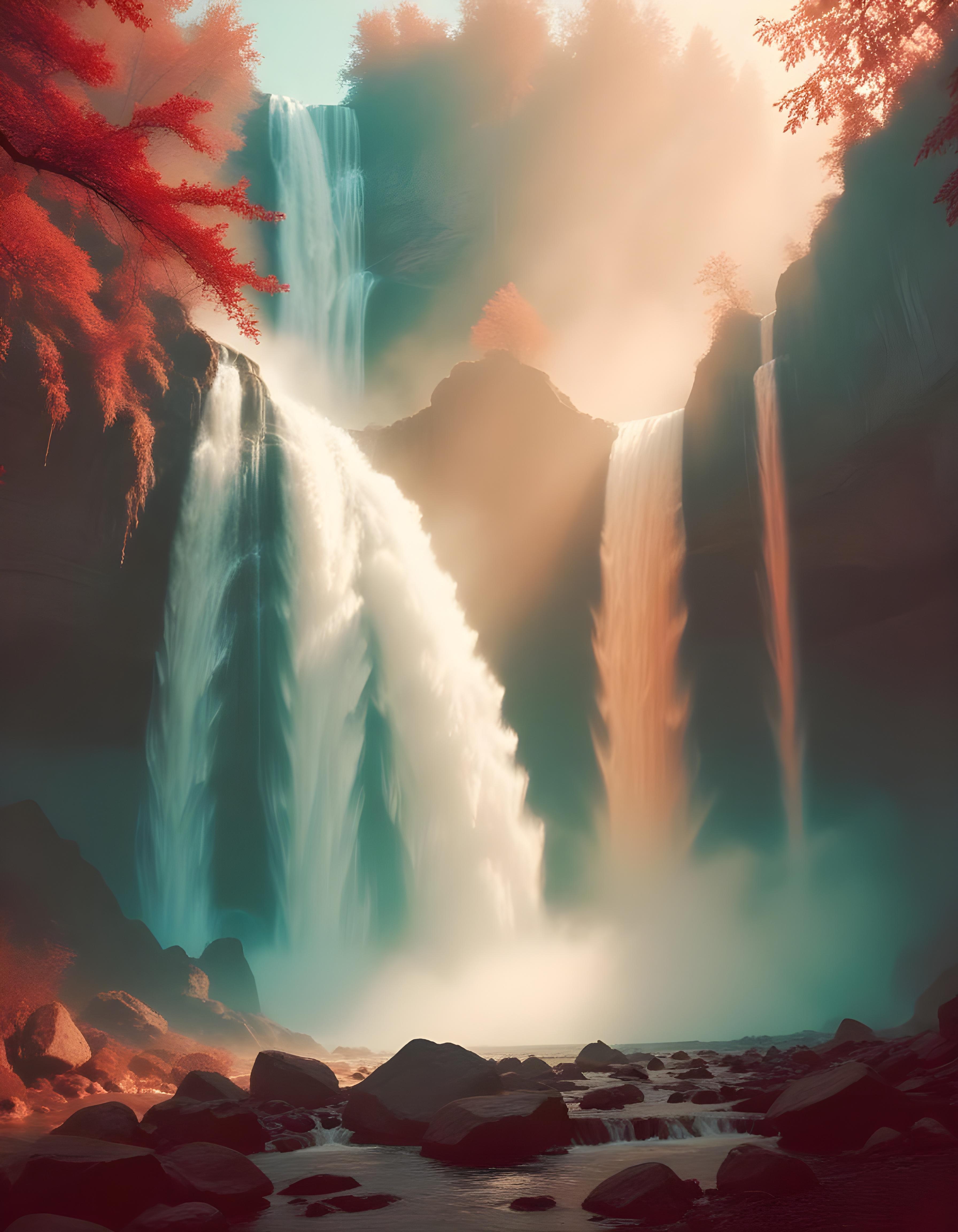 Majestic Waterfall Landscape with Lush Forest and Crystal Clear Water