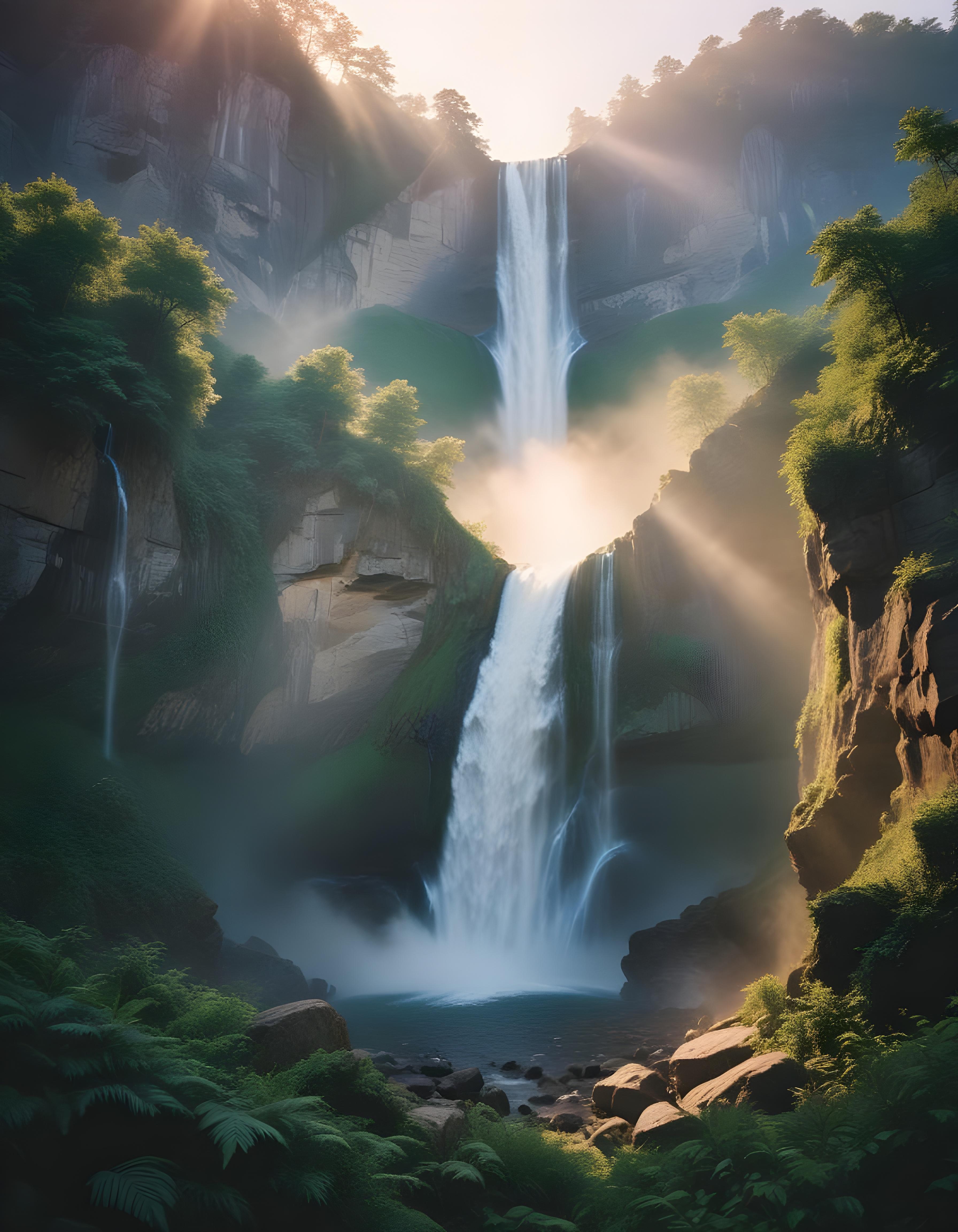 Majestic Waterfall Landscape with Lush Forest and Crystal Clear Water