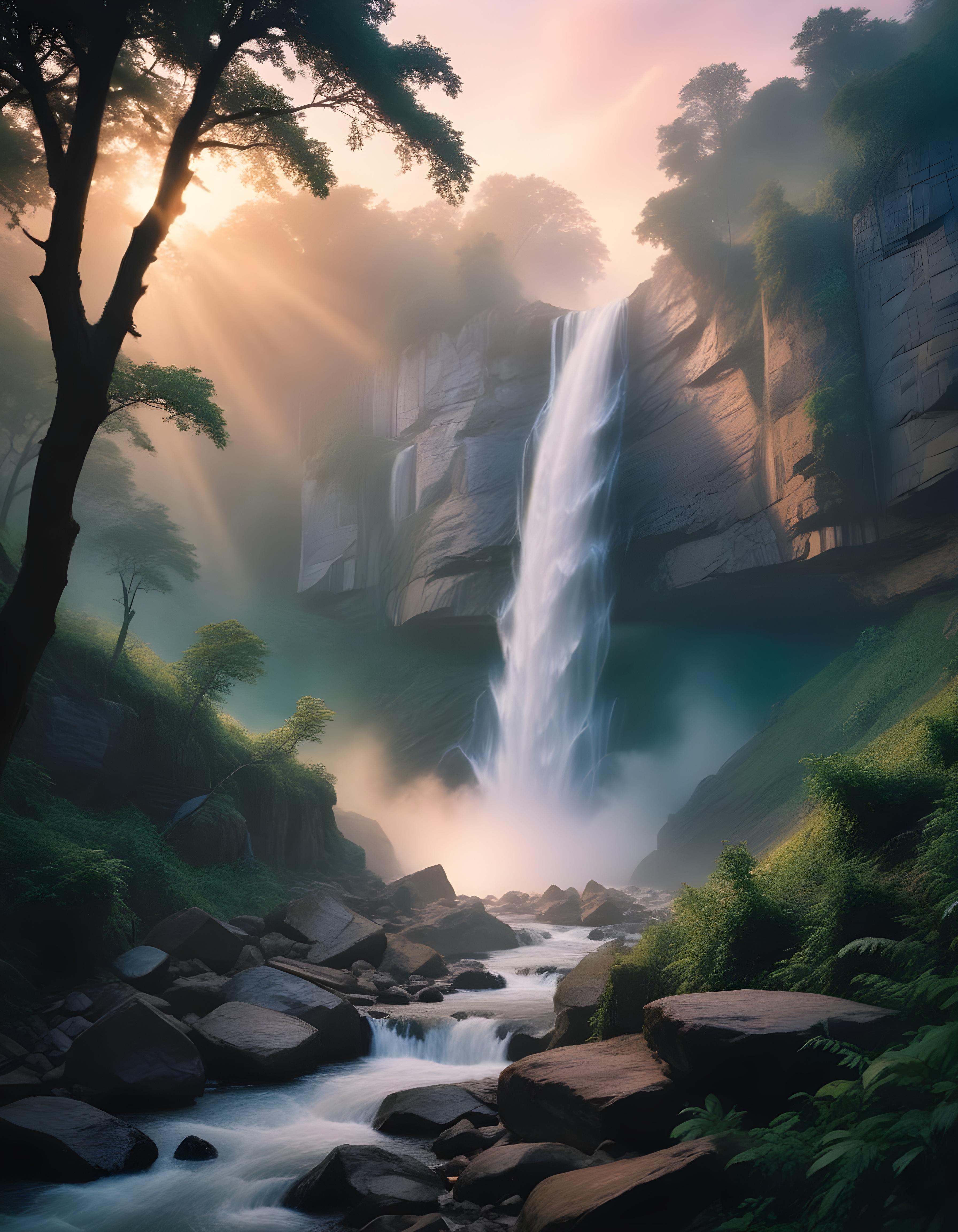 Majestic Waterfall Landscape with Lush Forest and Crystal Clear Water