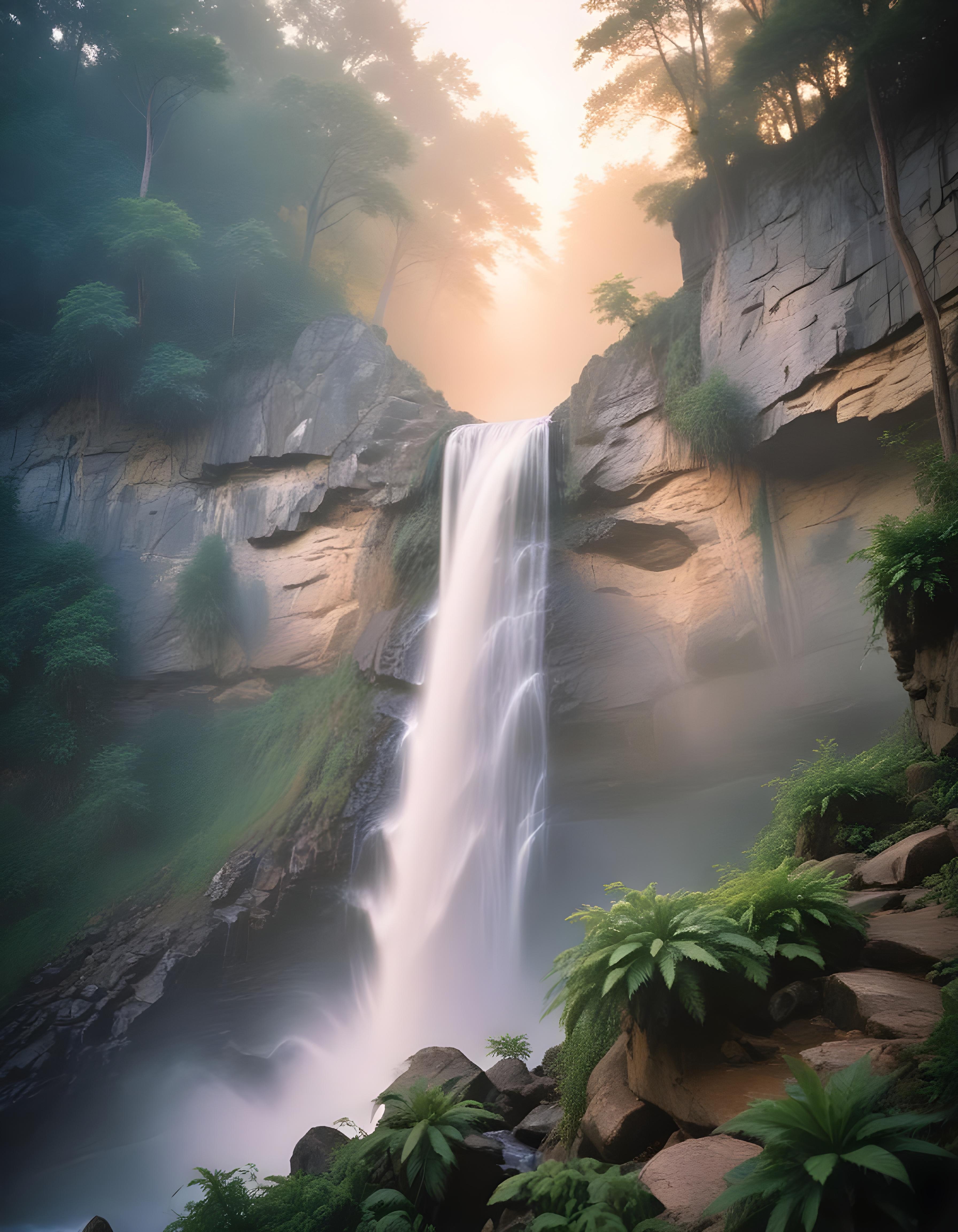 Majestic Waterfall Landscape with Lush Forest and Crystal Clear Water