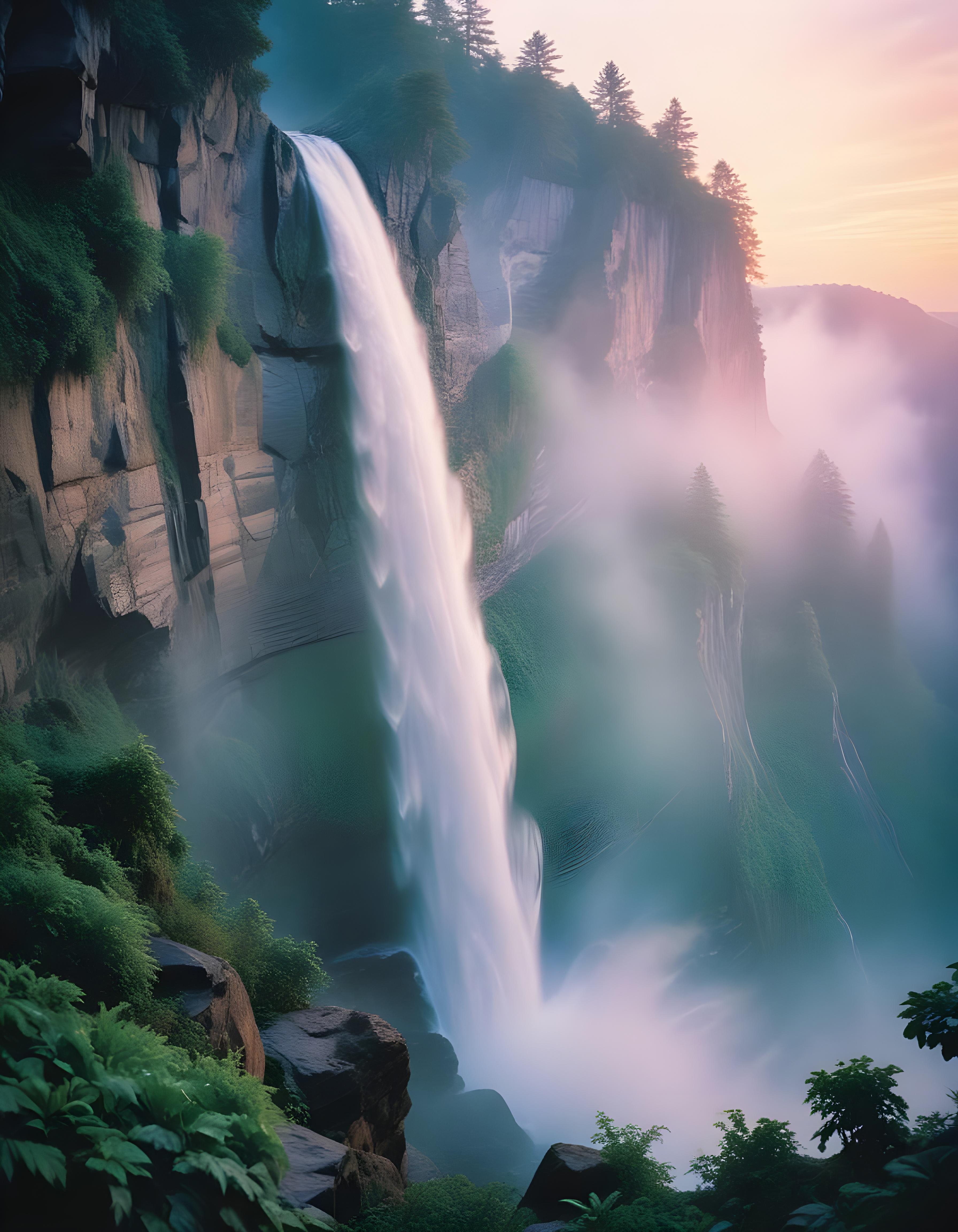 Majestic Waterfall Landscape with Lush Forest and Crystal Clear Water