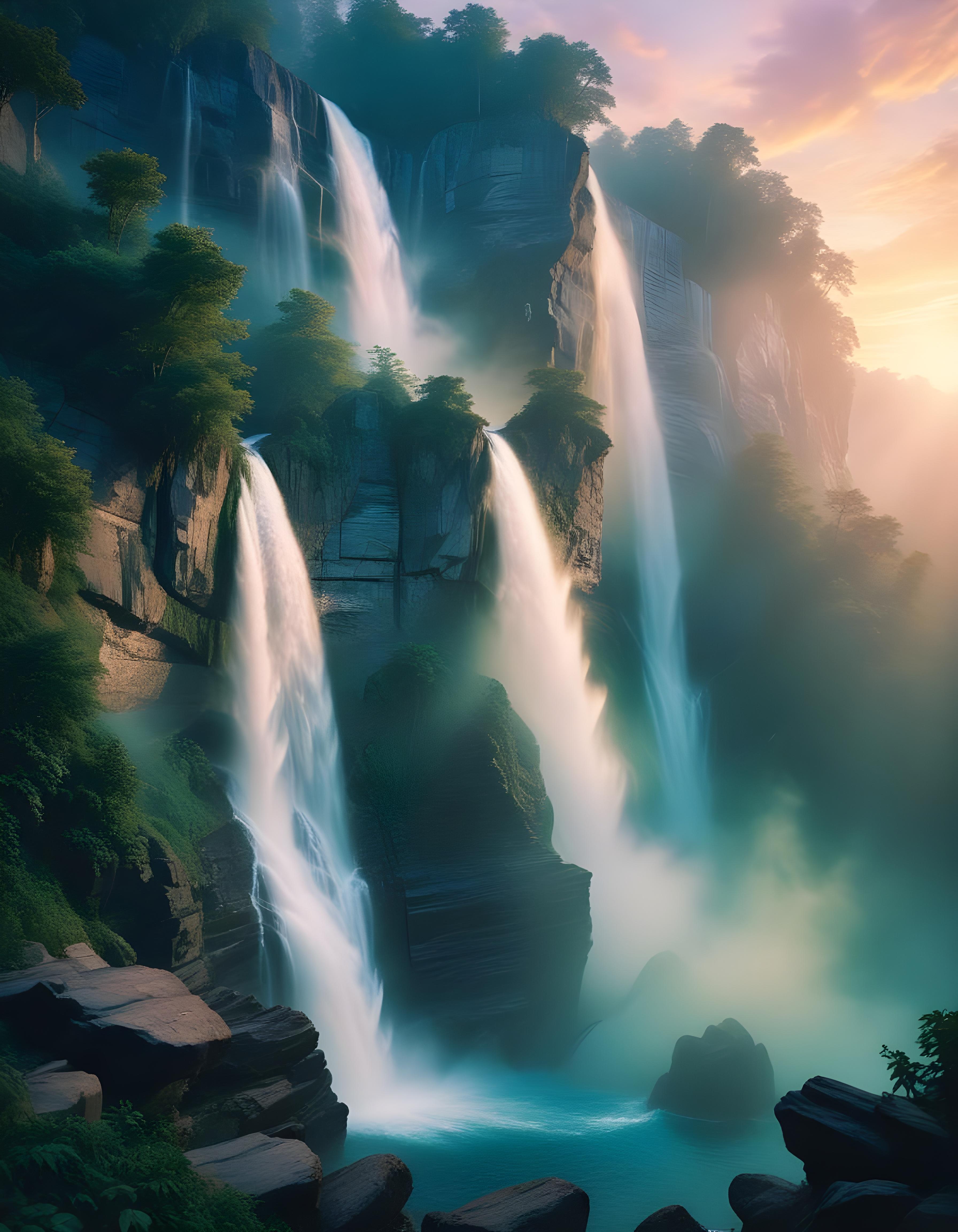 Majestic Waterfall Landscape with Lush Forest and Crystal Clear Water
