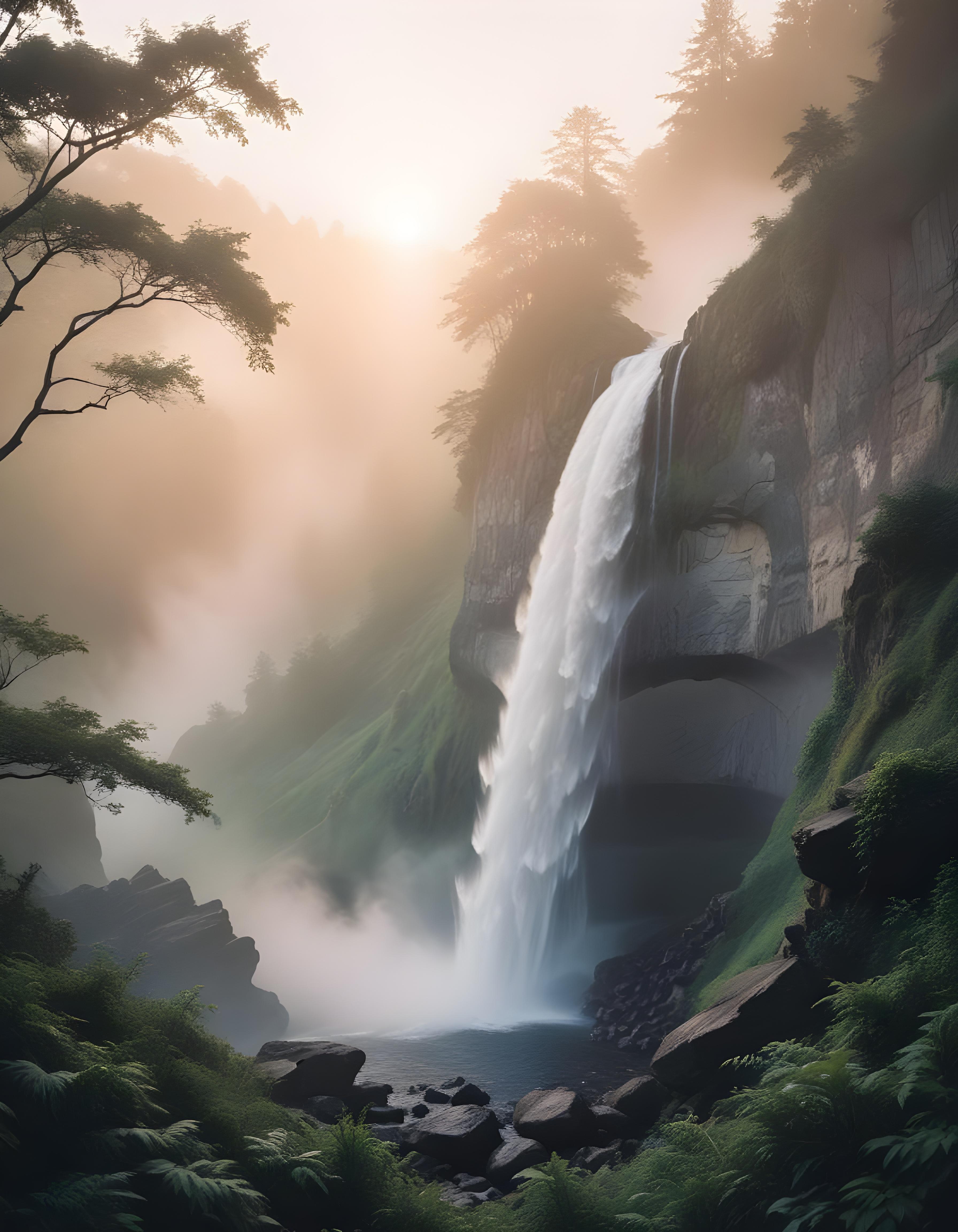 Majestic Waterfall Landscape with Lush Forest and Crystal Clear Water