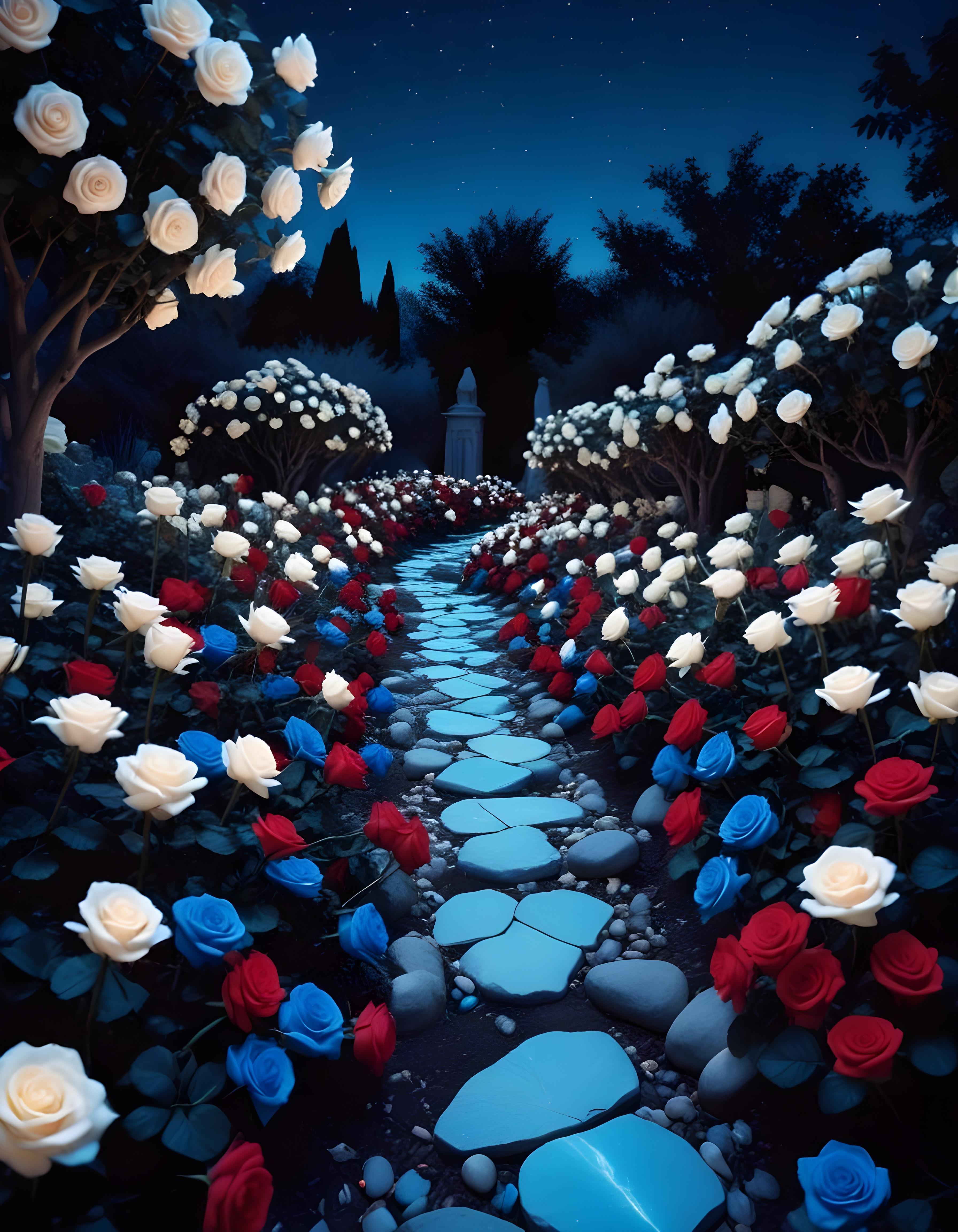 Moonlit Rose Garden Fantasy Landscape with Blooming Flowers and Night Sky