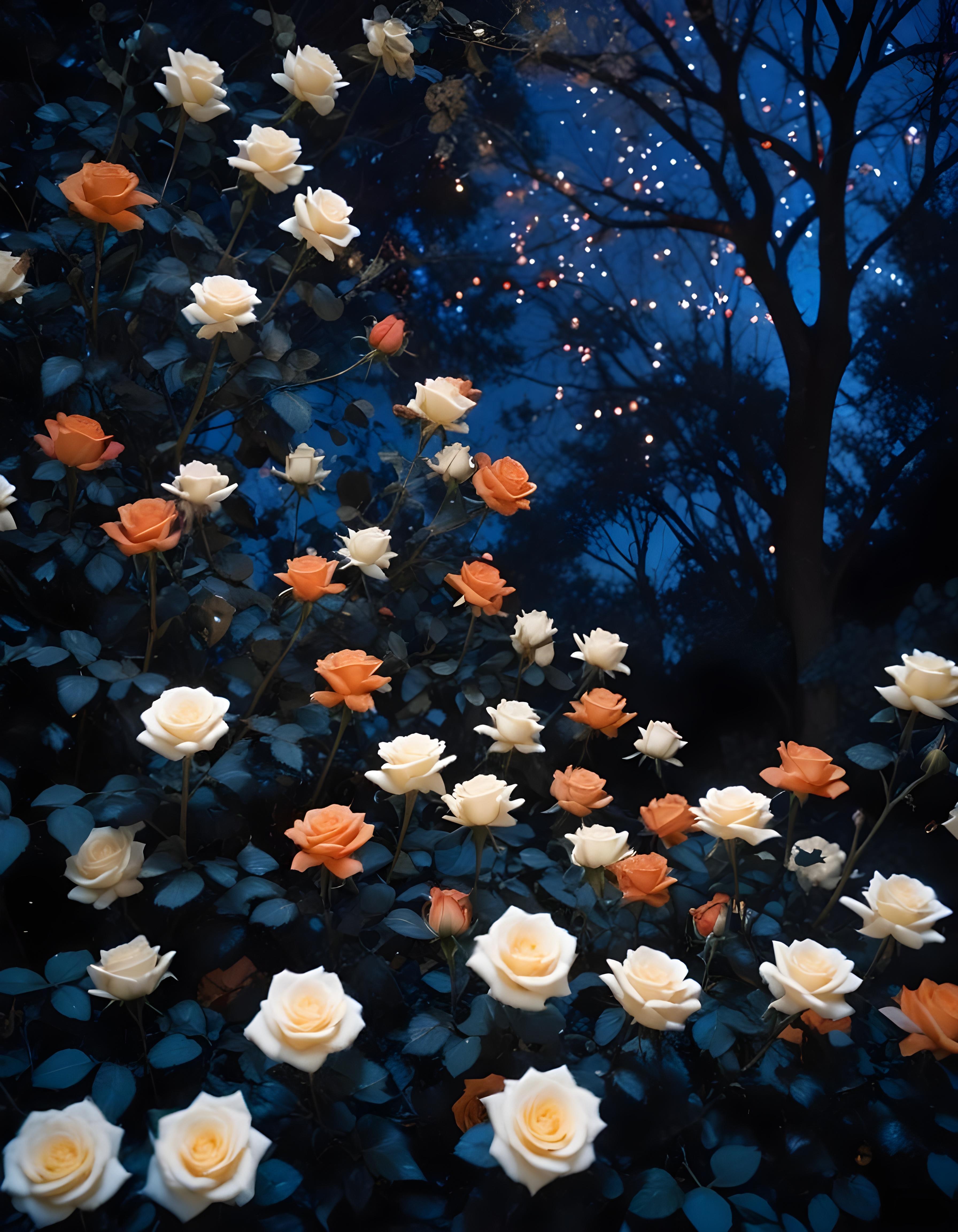 Moonlit Rose Garden Fantasy Landscape with Blooming Flowers and Night Sky