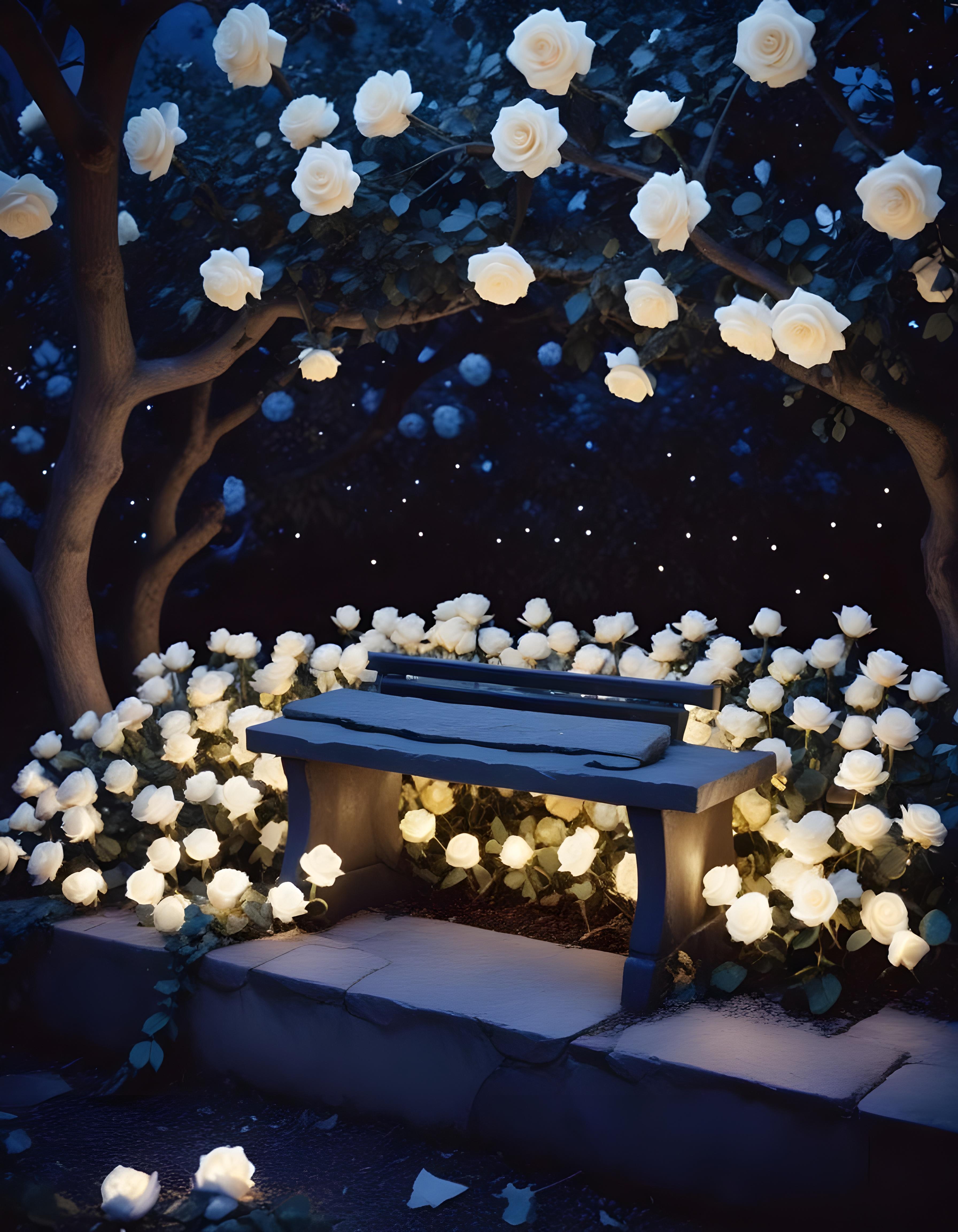 Moonlit Rose Garden Fantasy Landscape with Blooming Flowers and Night Sky