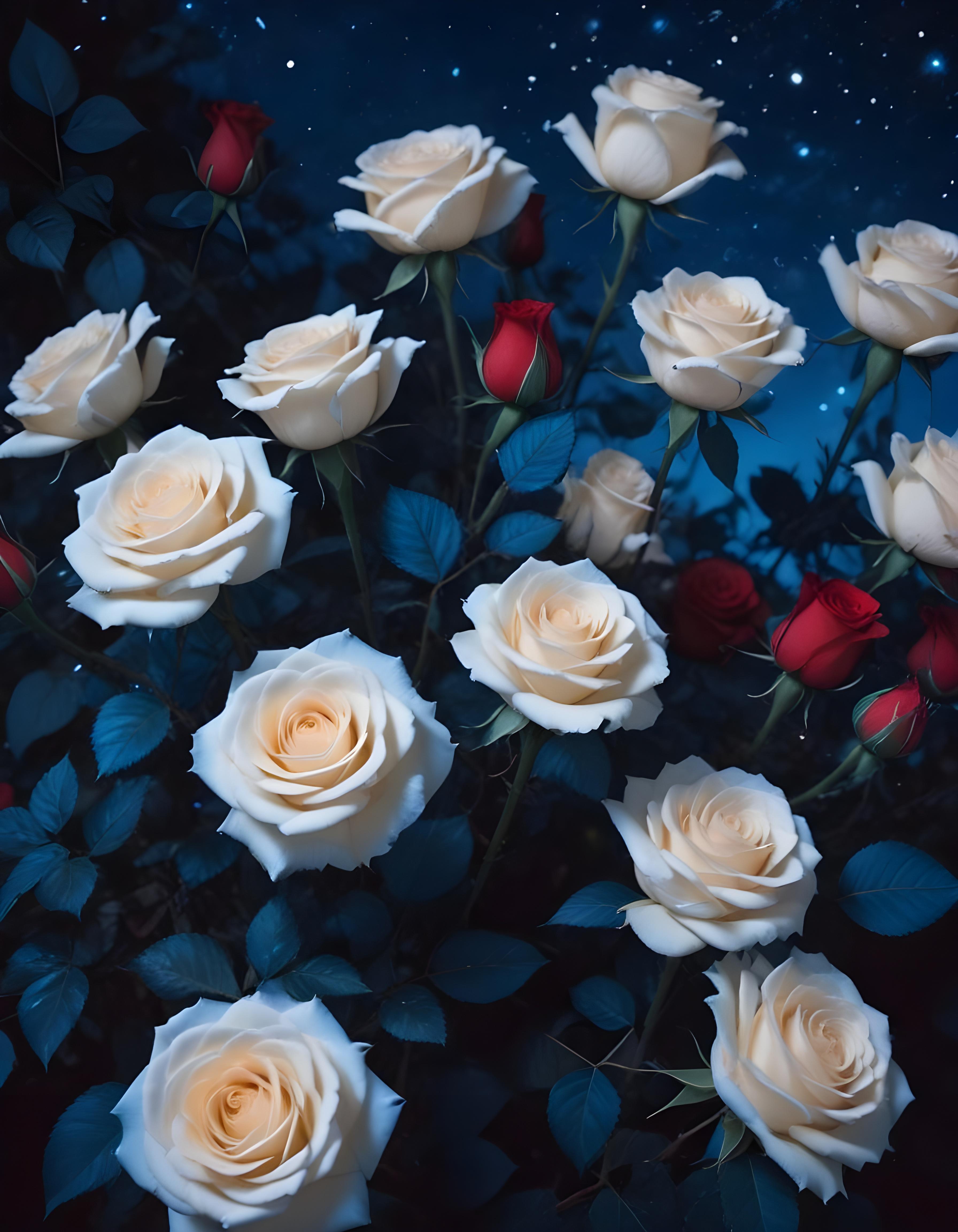 Moonlit Rose Garden Fantasy Landscape with Blooming Flowers and Night Sky