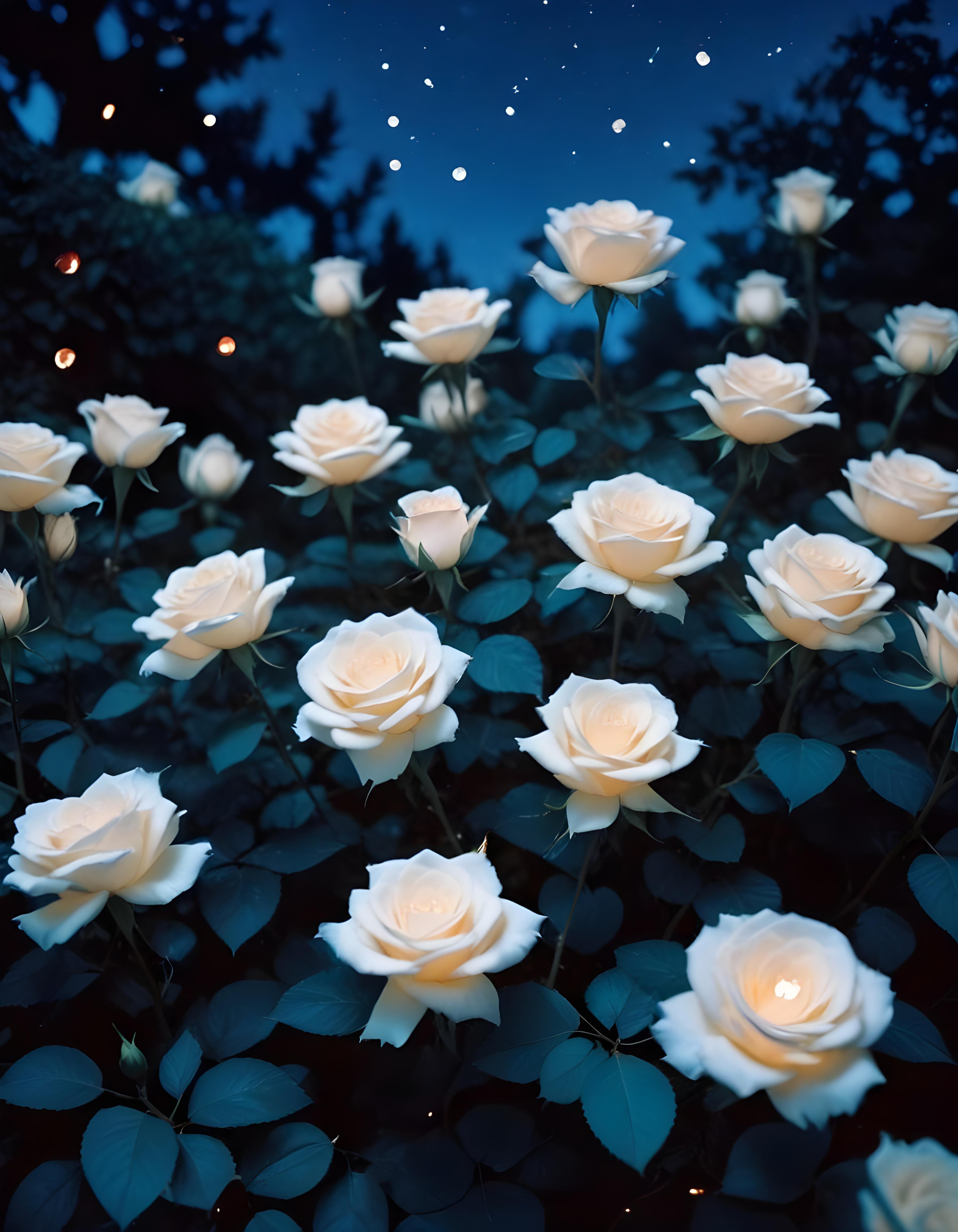 Moonlit Rose Garden Fantasy Landscape with Blooming Flowers and Night Sky