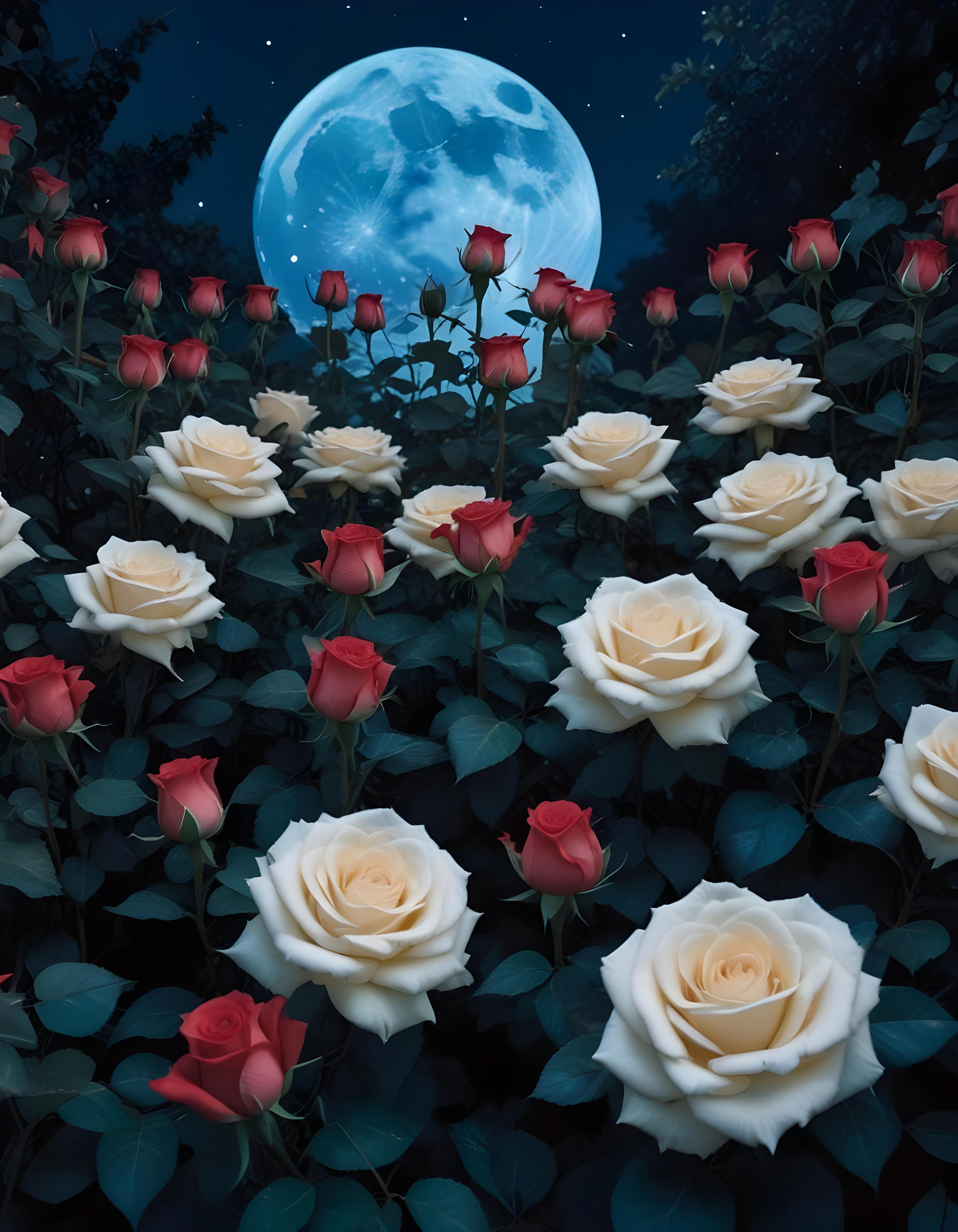 Moonlit Rose Garden Fantasy Landscape with Blooming Flowers and Night Sky