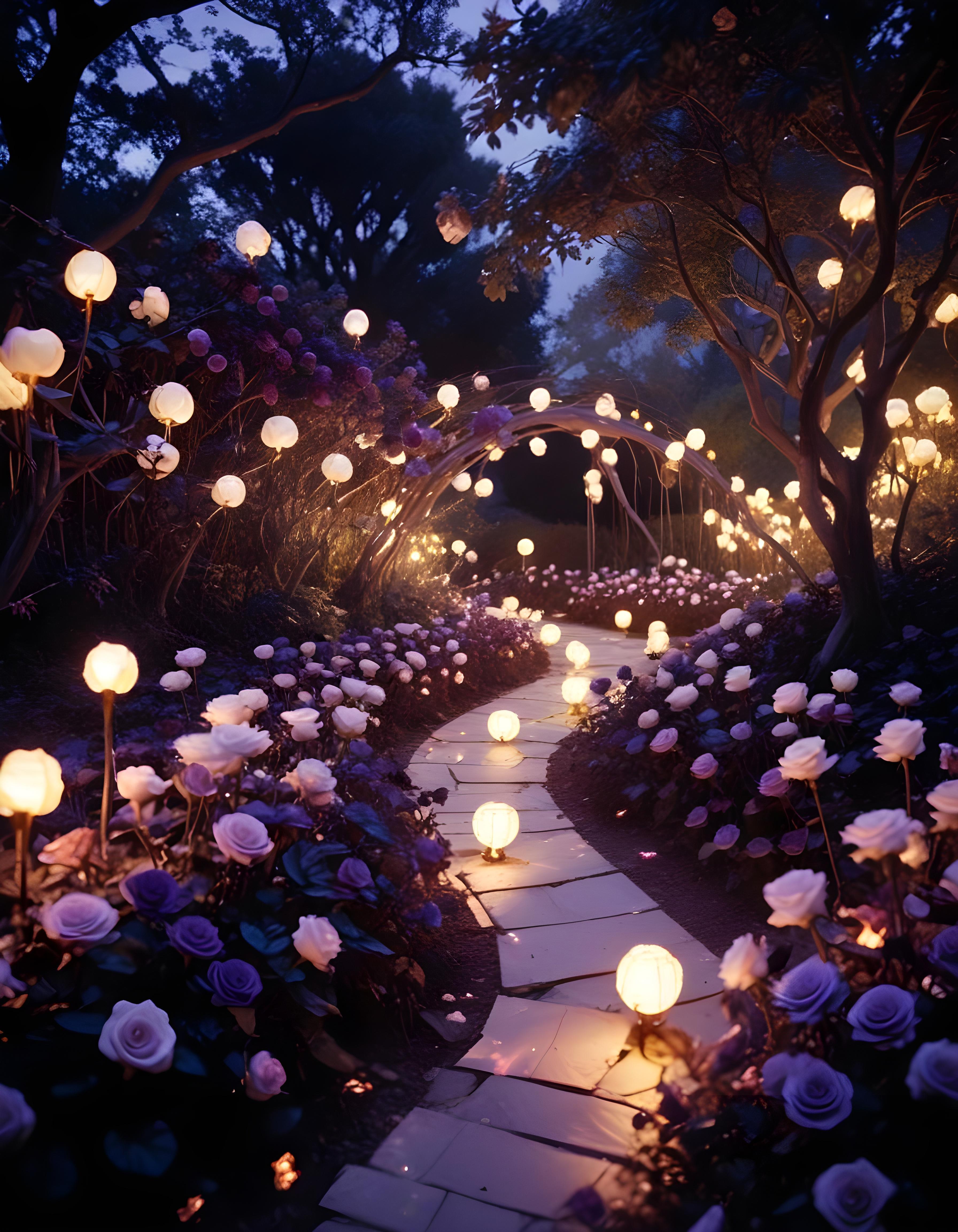 Moonlit Rose Garden Fantasy Landscape with Blooming Flowers and Night Sky