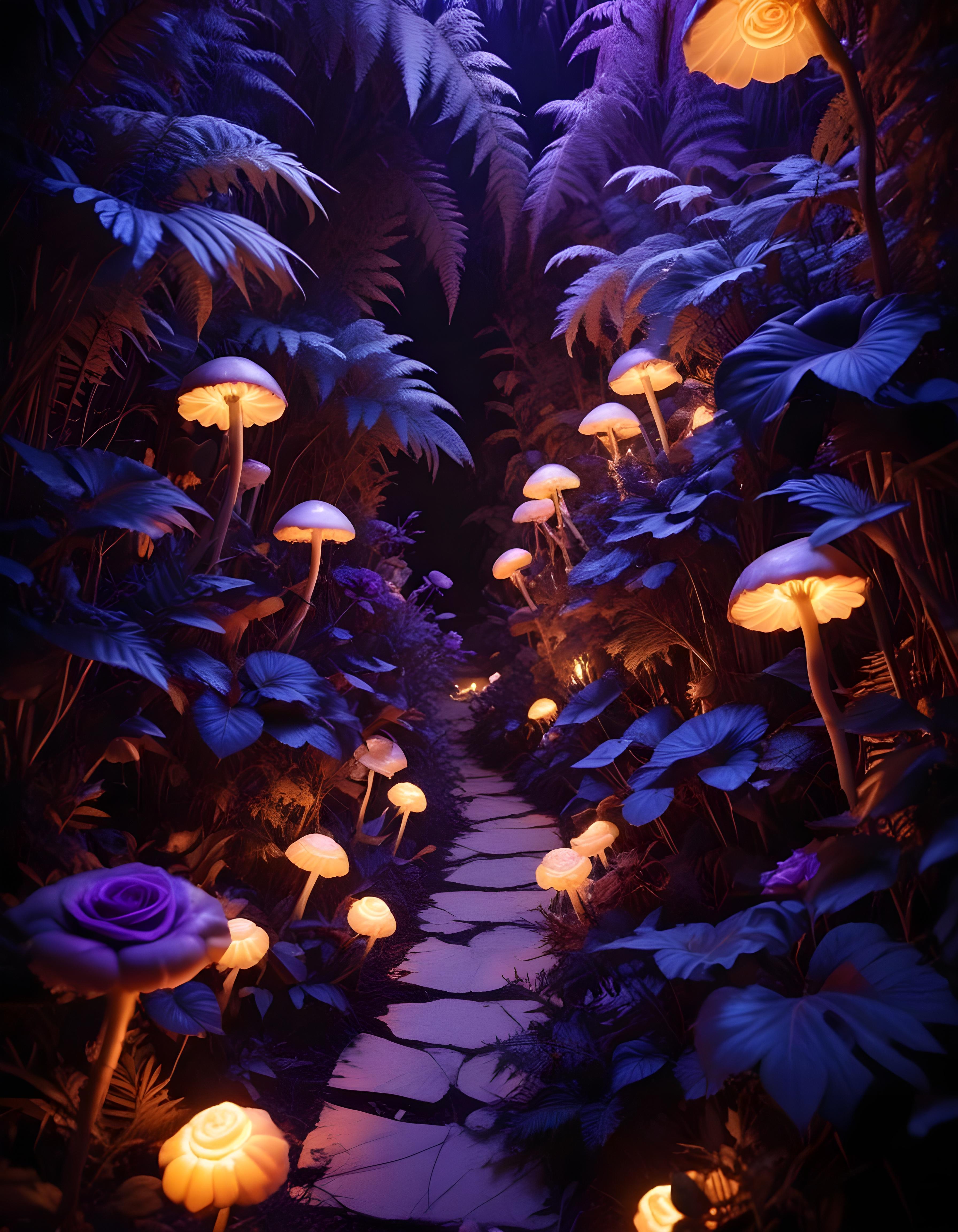 Moonlit Rose Garden Fantasy Landscape with Blooming Flowers and Night Sky