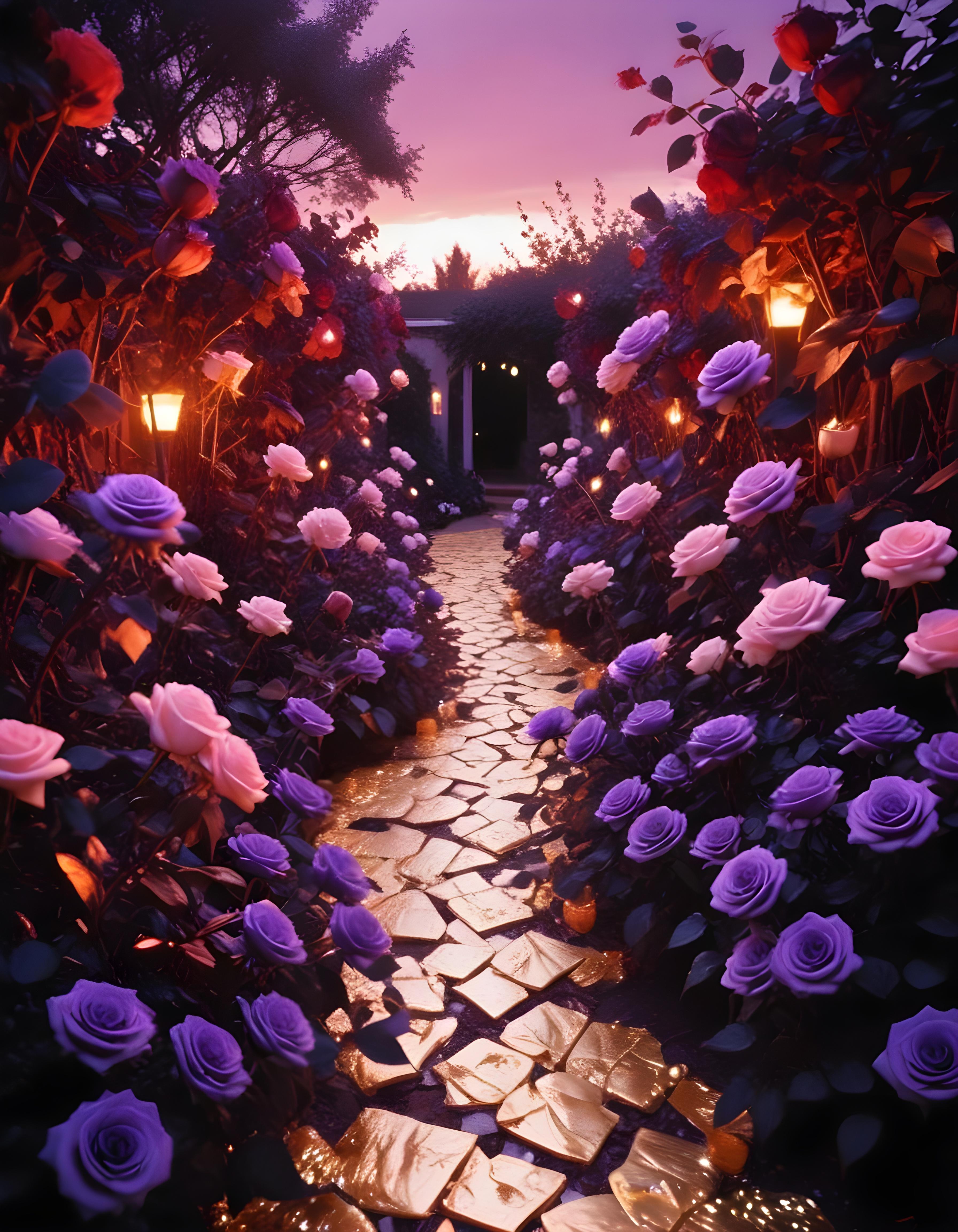 Moonlit Rose Garden Fantasy Landscape with Blooming Flowers and Night Sky