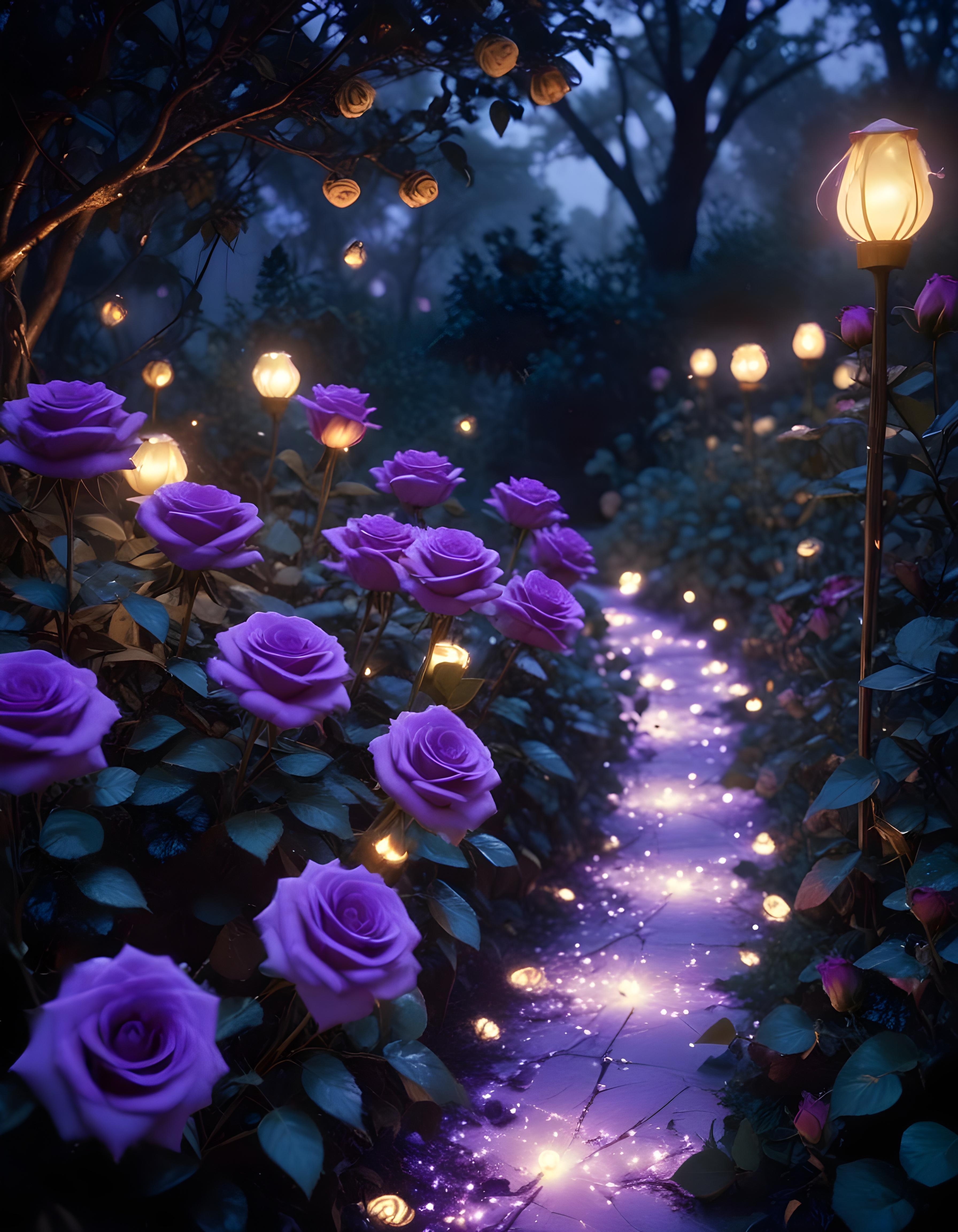 Moonlit Rose Garden Fantasy Landscape with Blooming Flowers and Night Sky