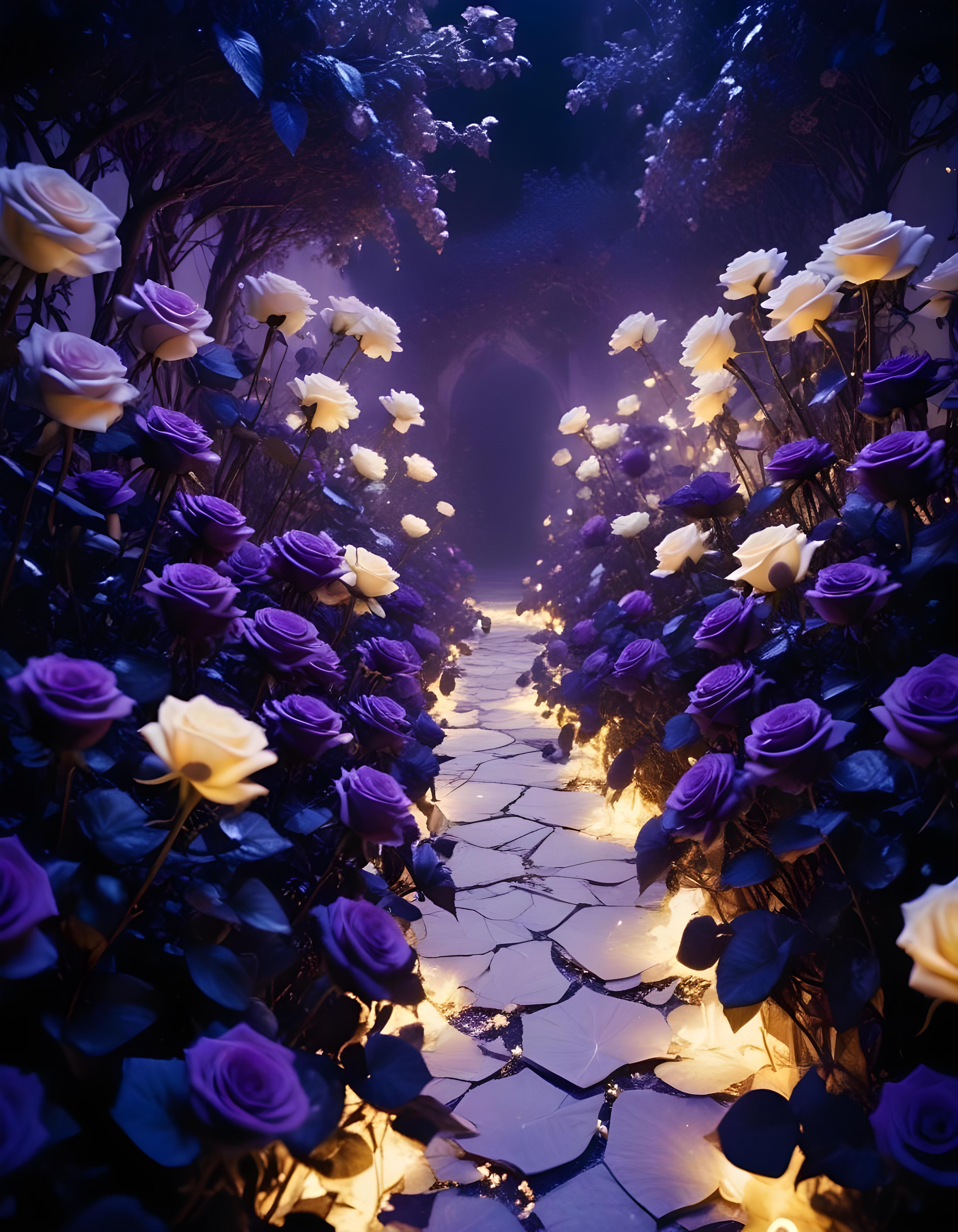 Moonlit Rose Garden Fantasy Landscape with Blooming Flowers and Night Sky