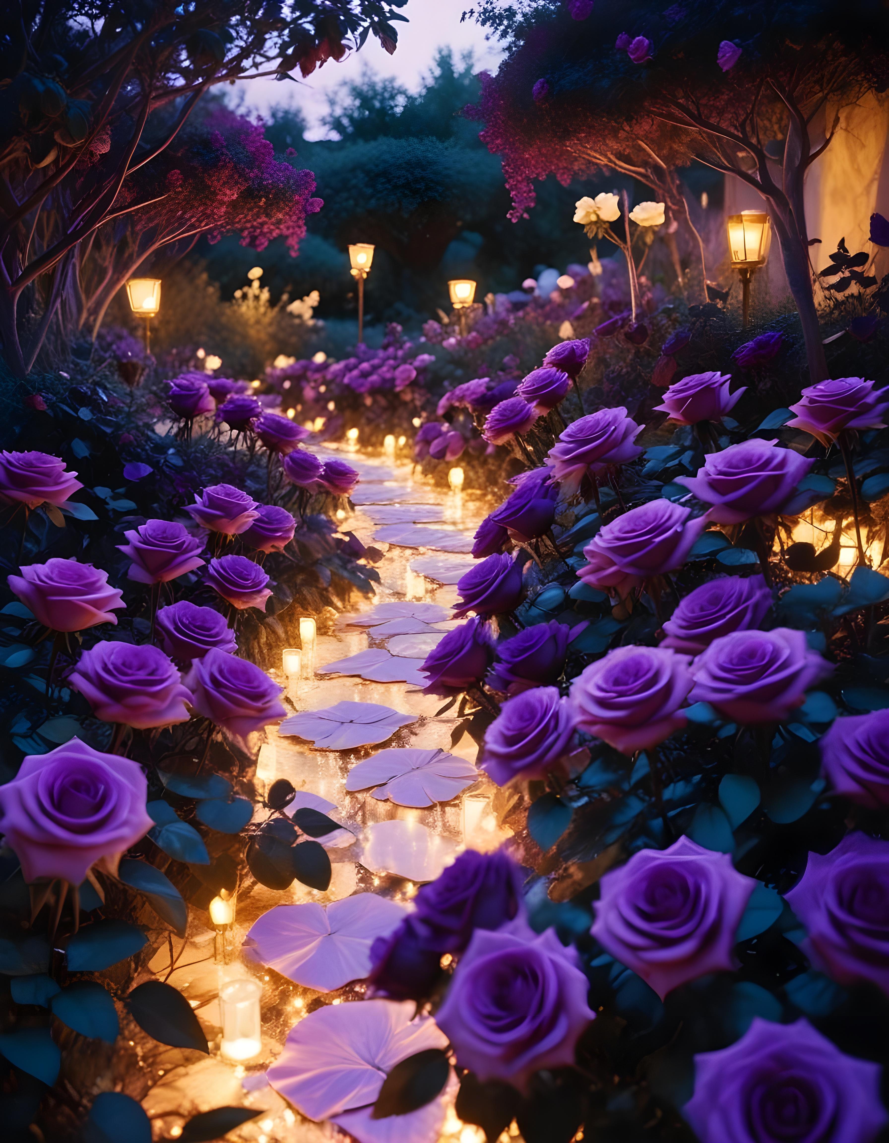 Moonlit Rose Garden Fantasy Landscape with Blooming Flowers and Night Sky