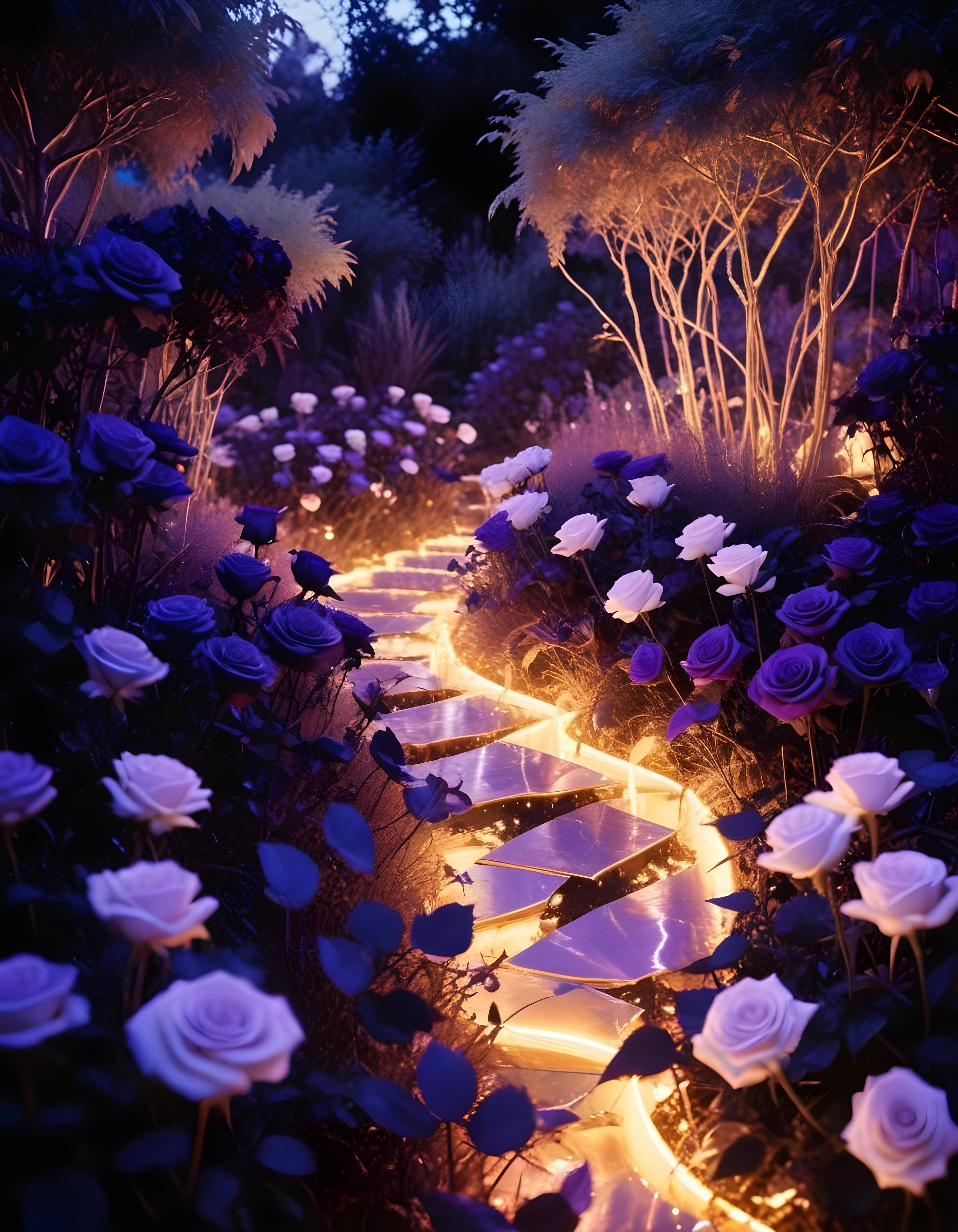 Moonlit Rose Garden Fantasy Landscape with Blooming Flowers and Night Sky