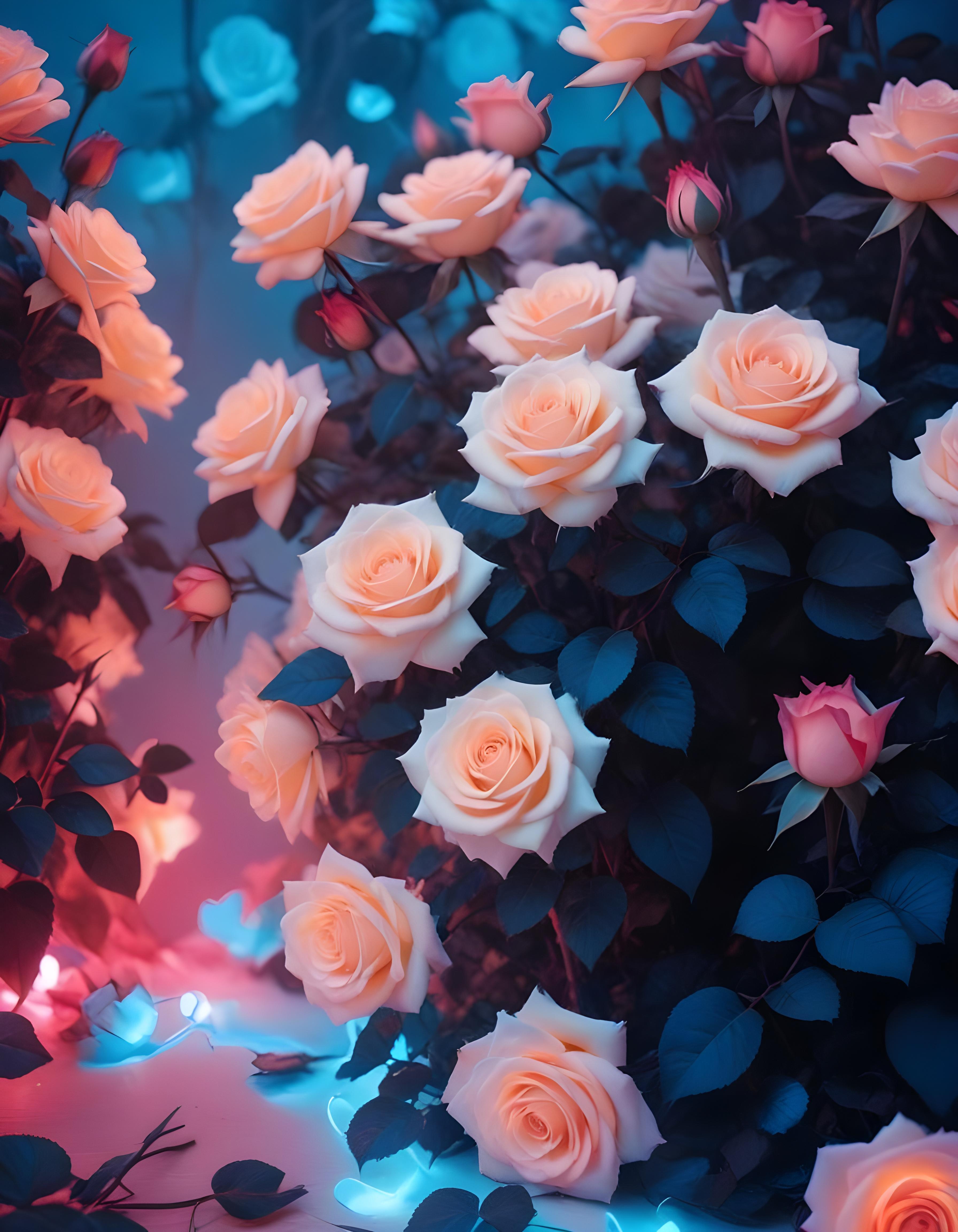 Moonlit Rose Garden Fantasy Landscape with Blooming Flowers and Night Sky