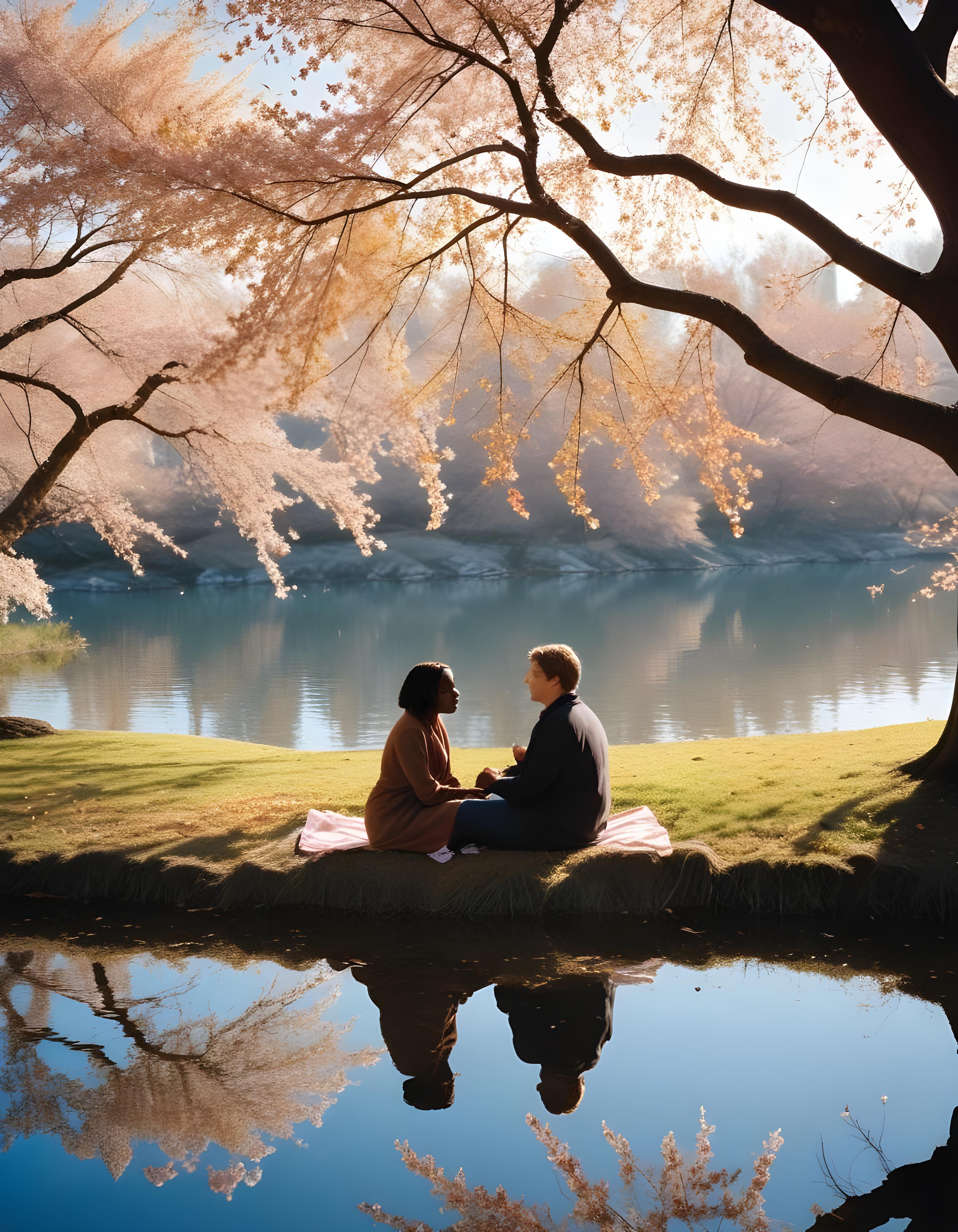Romantic Couple Walking Together in Nature at Sunset and Moonlight Background