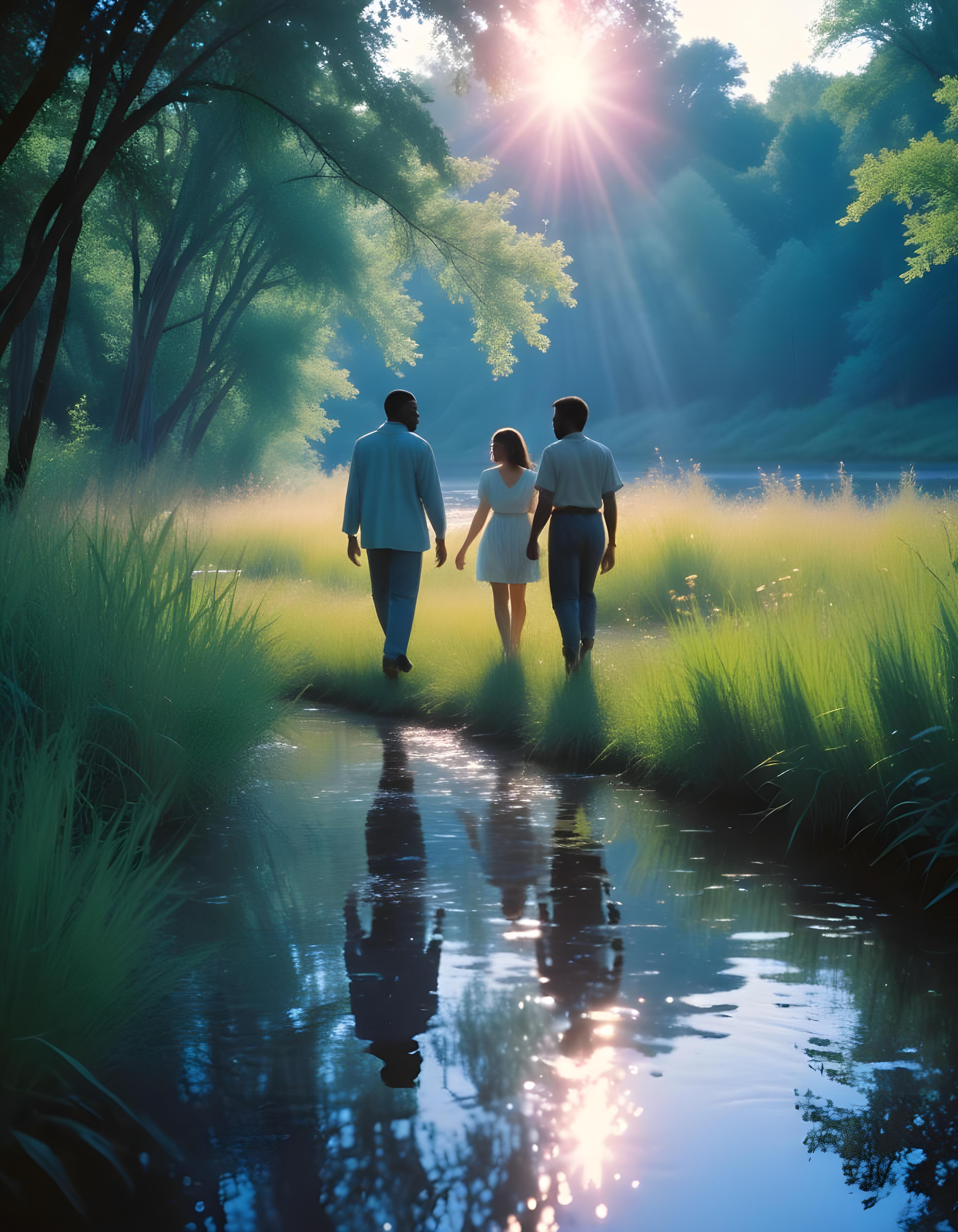 Romantic Couple Walking Together in Nature at Sunset and Moonlight Background