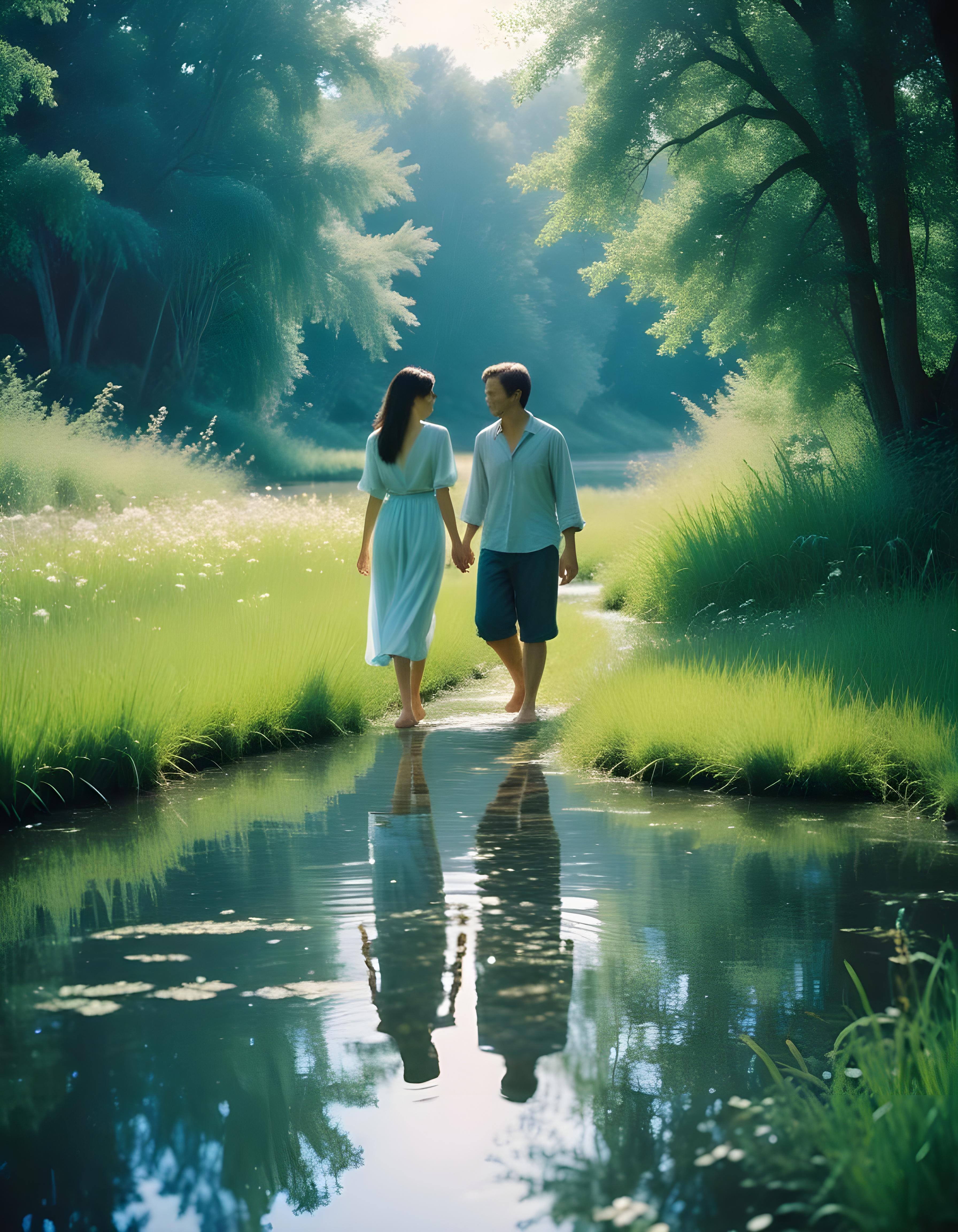 Romantic Couple Walking Together in Nature at Sunset and Moonlight Background