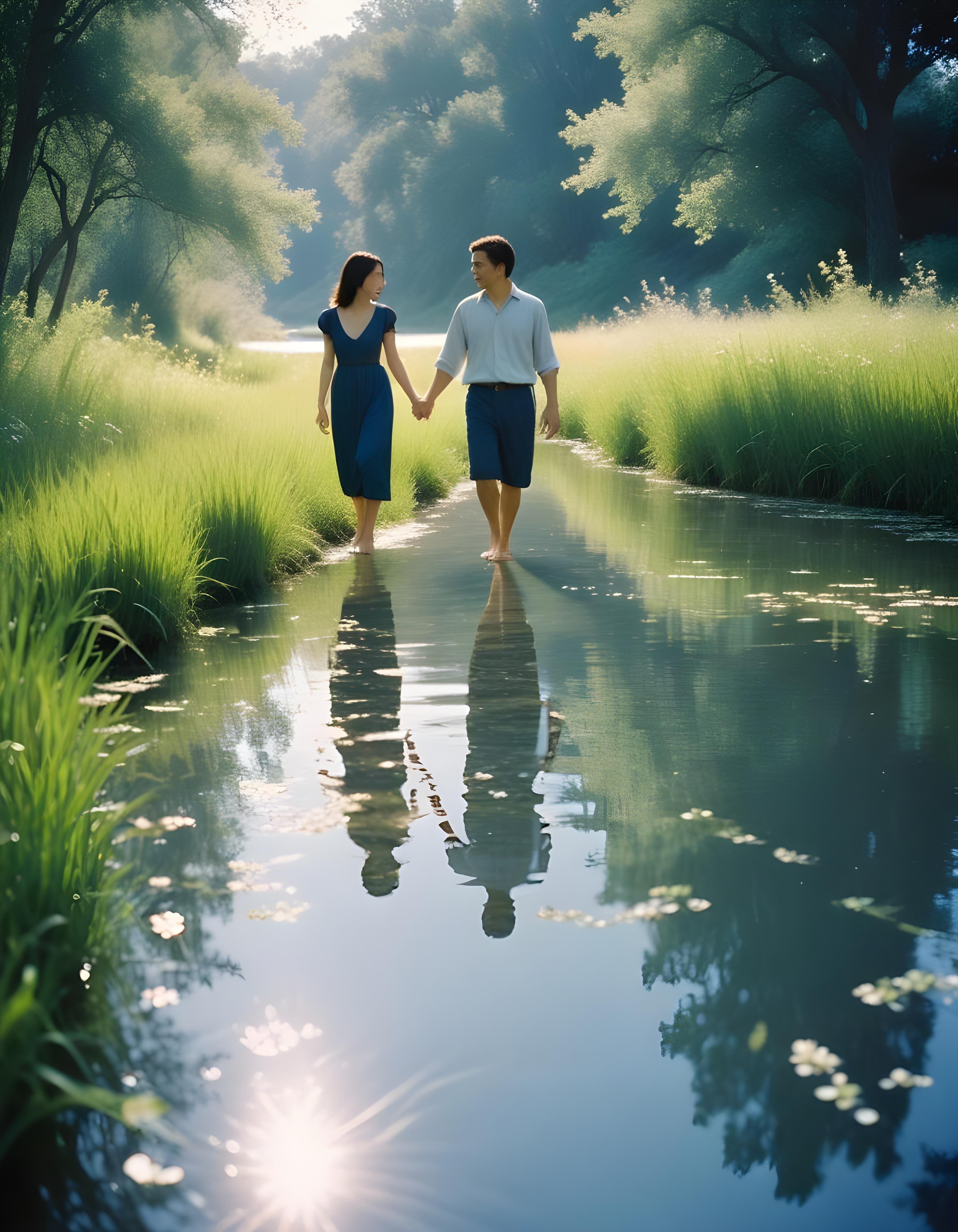 Romantic Couple Walking Together in Nature at Sunset and Moonlight Background