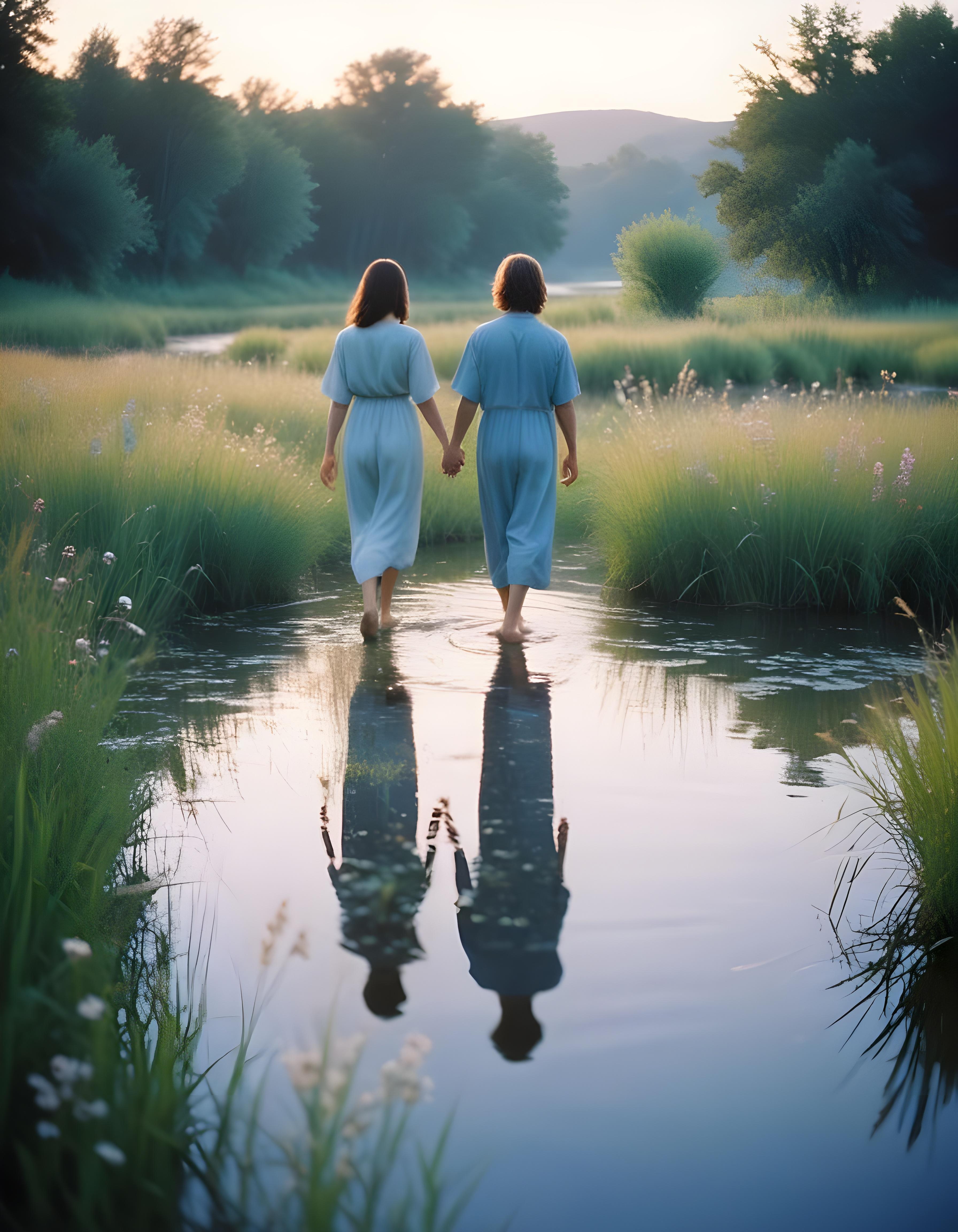 Romantic Couple Walking Together in Nature at Sunset and Moonlight Background