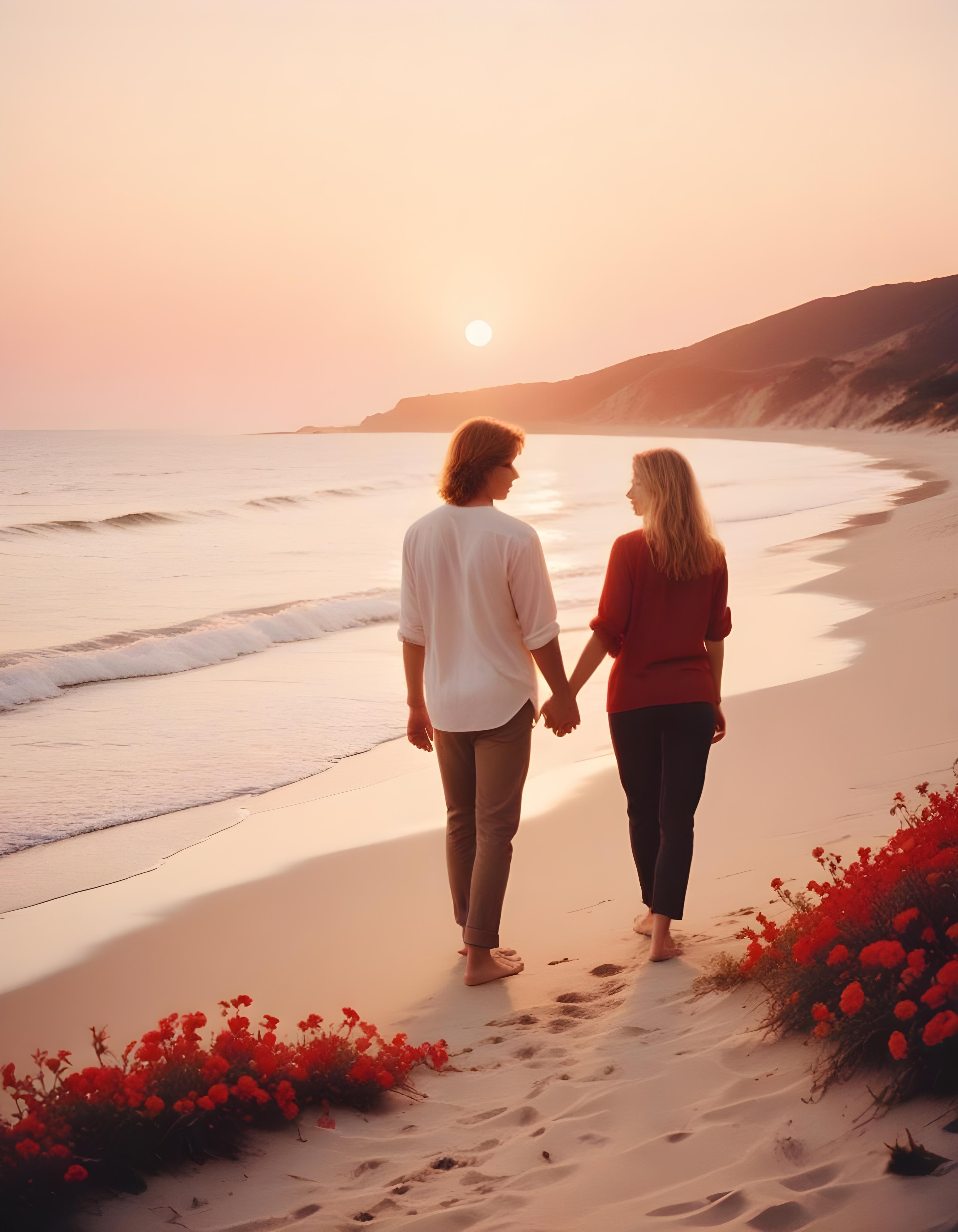 Romantic Couple Walking Together in Nature at Sunset and Moonlight Background