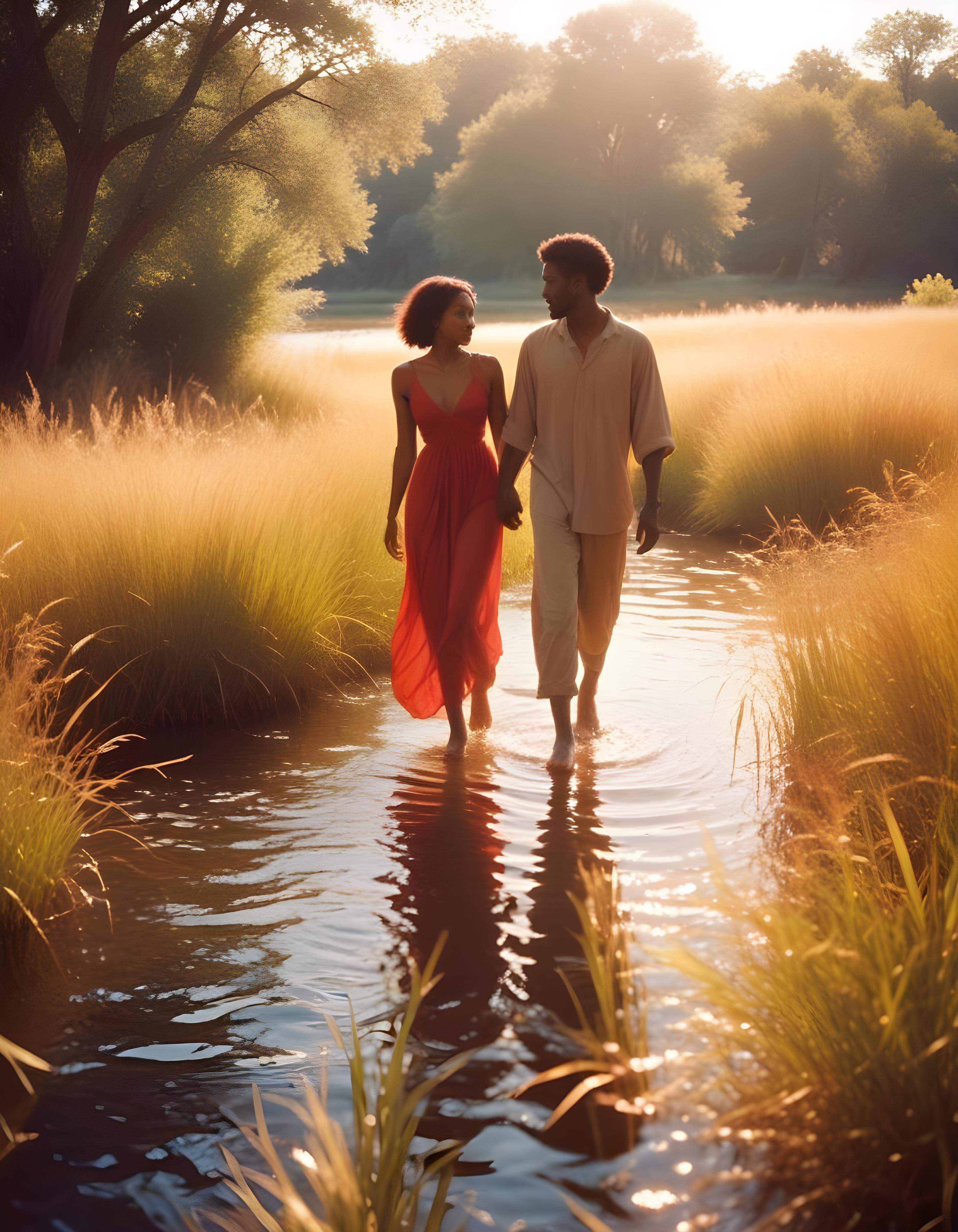 Romantic Couple Walking Together in Nature at Sunset and Moonlight Background