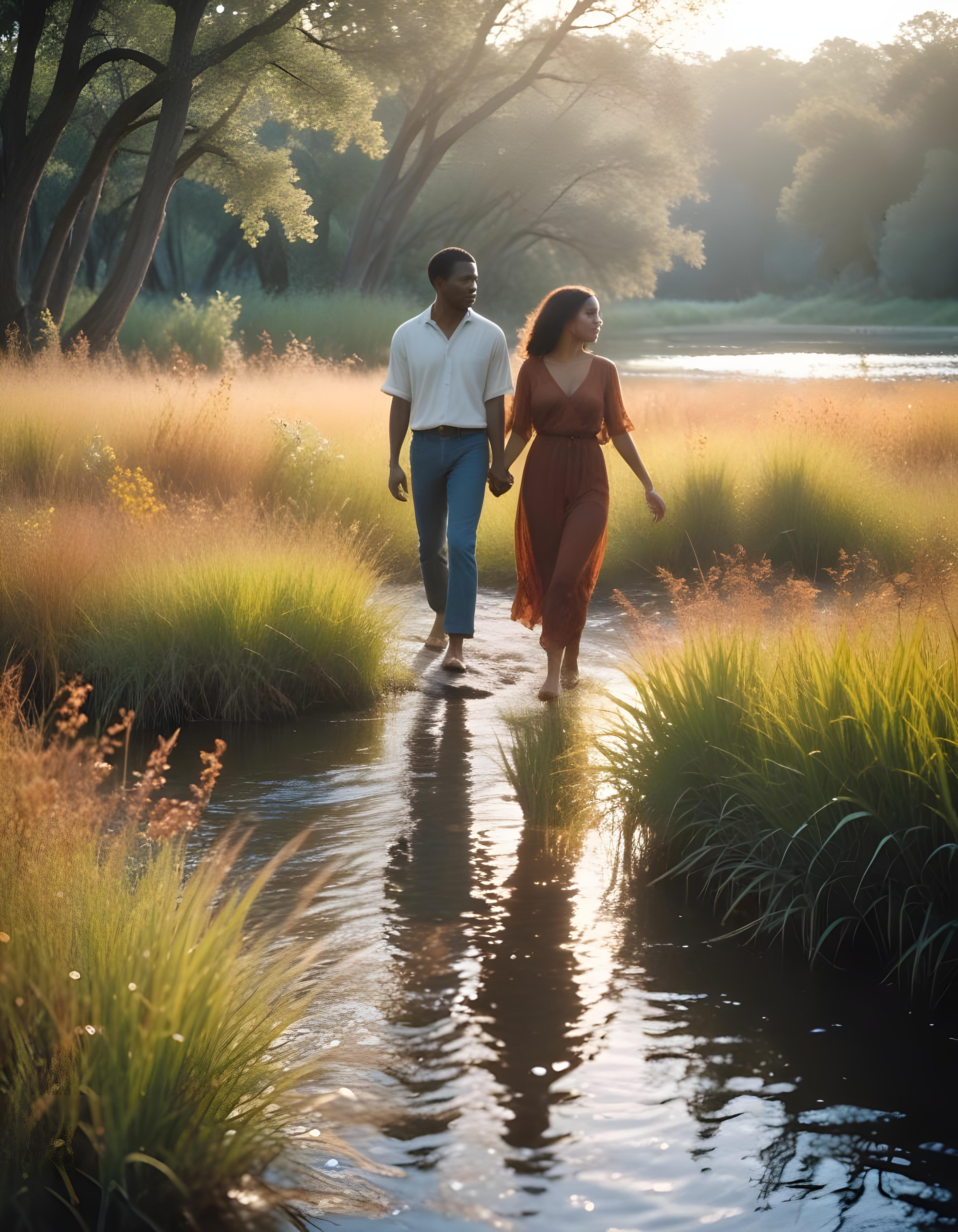 Romantic Couple Walking Together in Nature at Sunset and Moonlight Background
